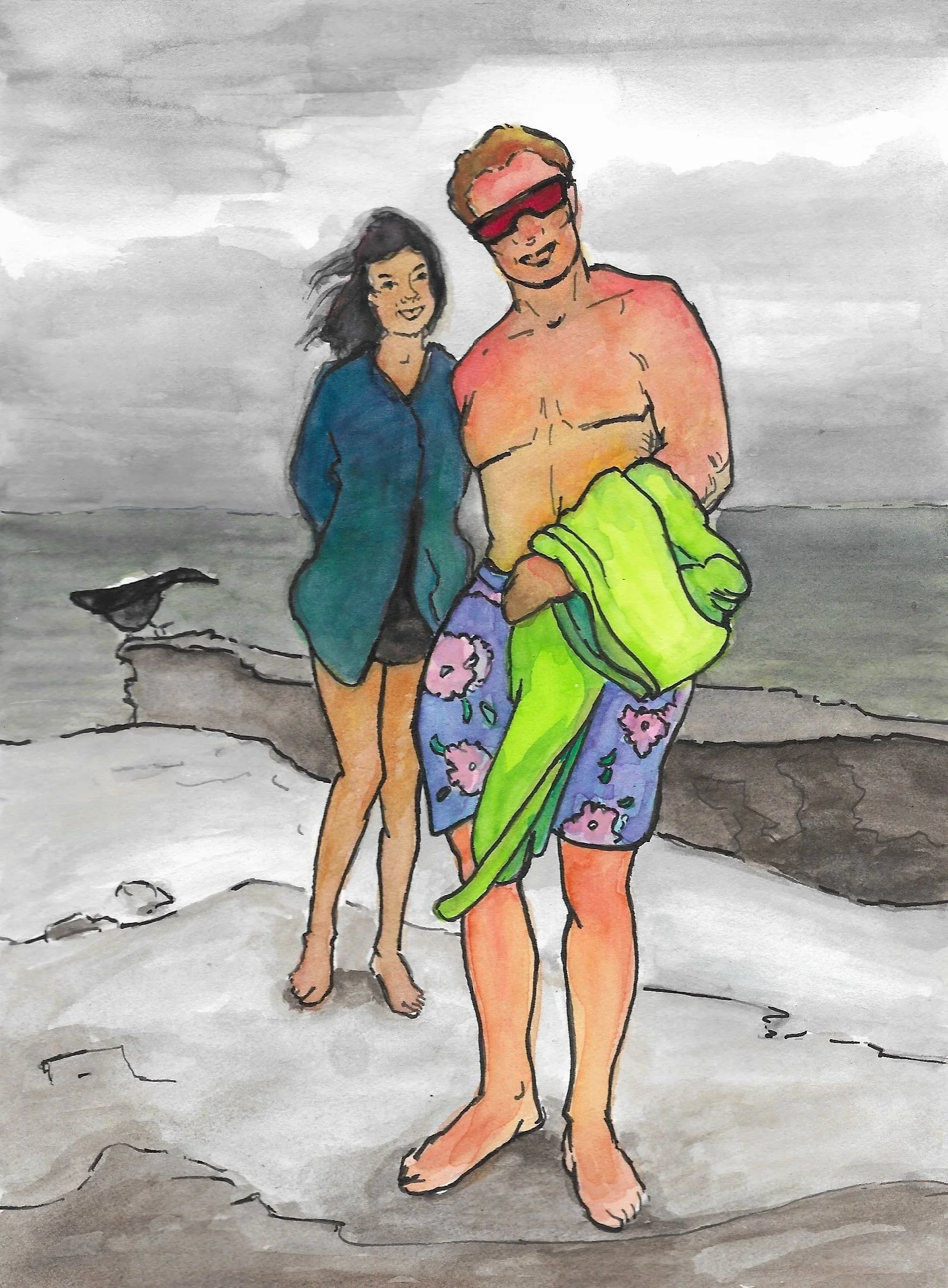 Beach Date , 6 x 4", Ink and Watercolor