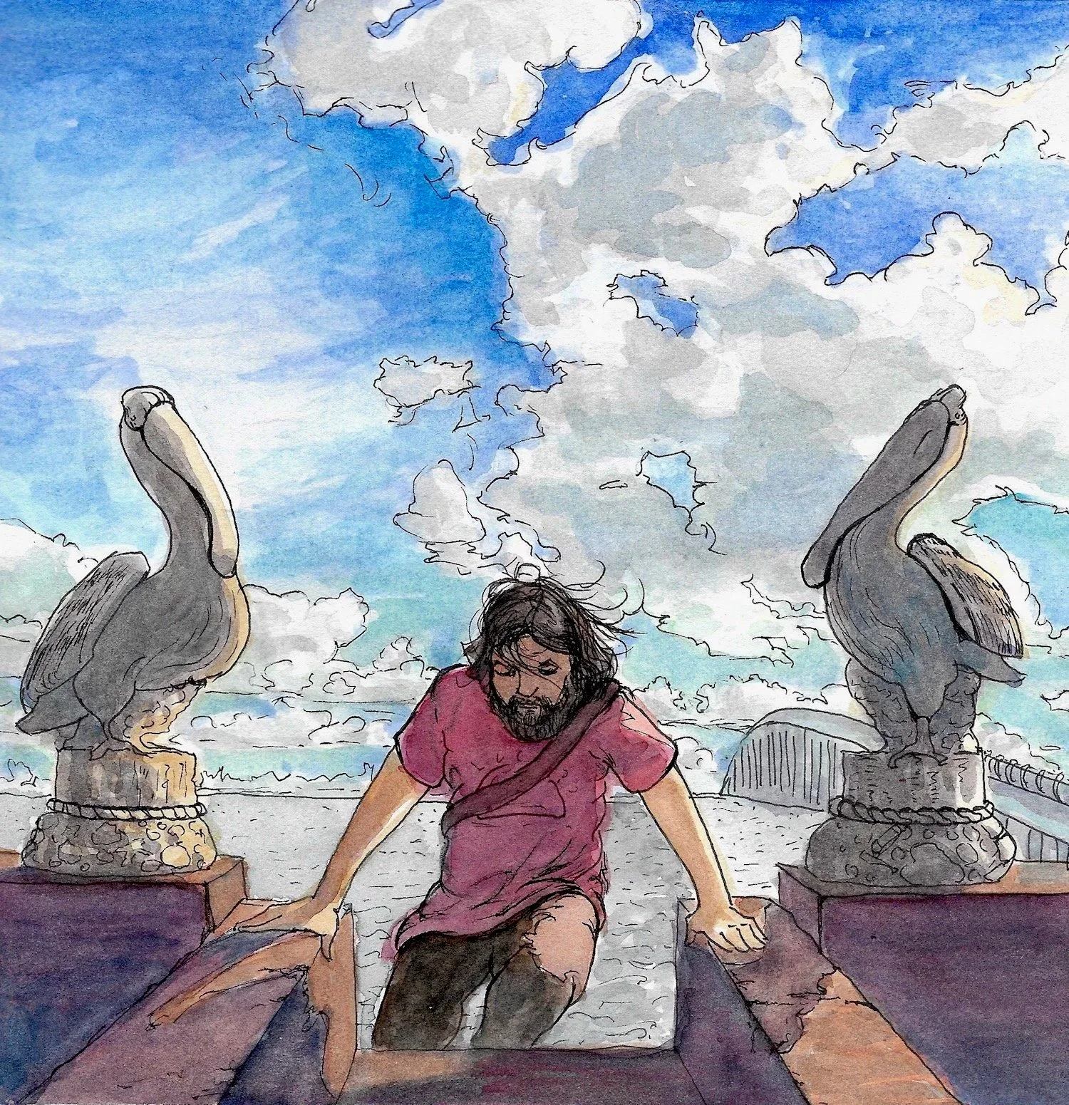 Windy Day in Manchac , 6 x 6", Ink and Watercolor