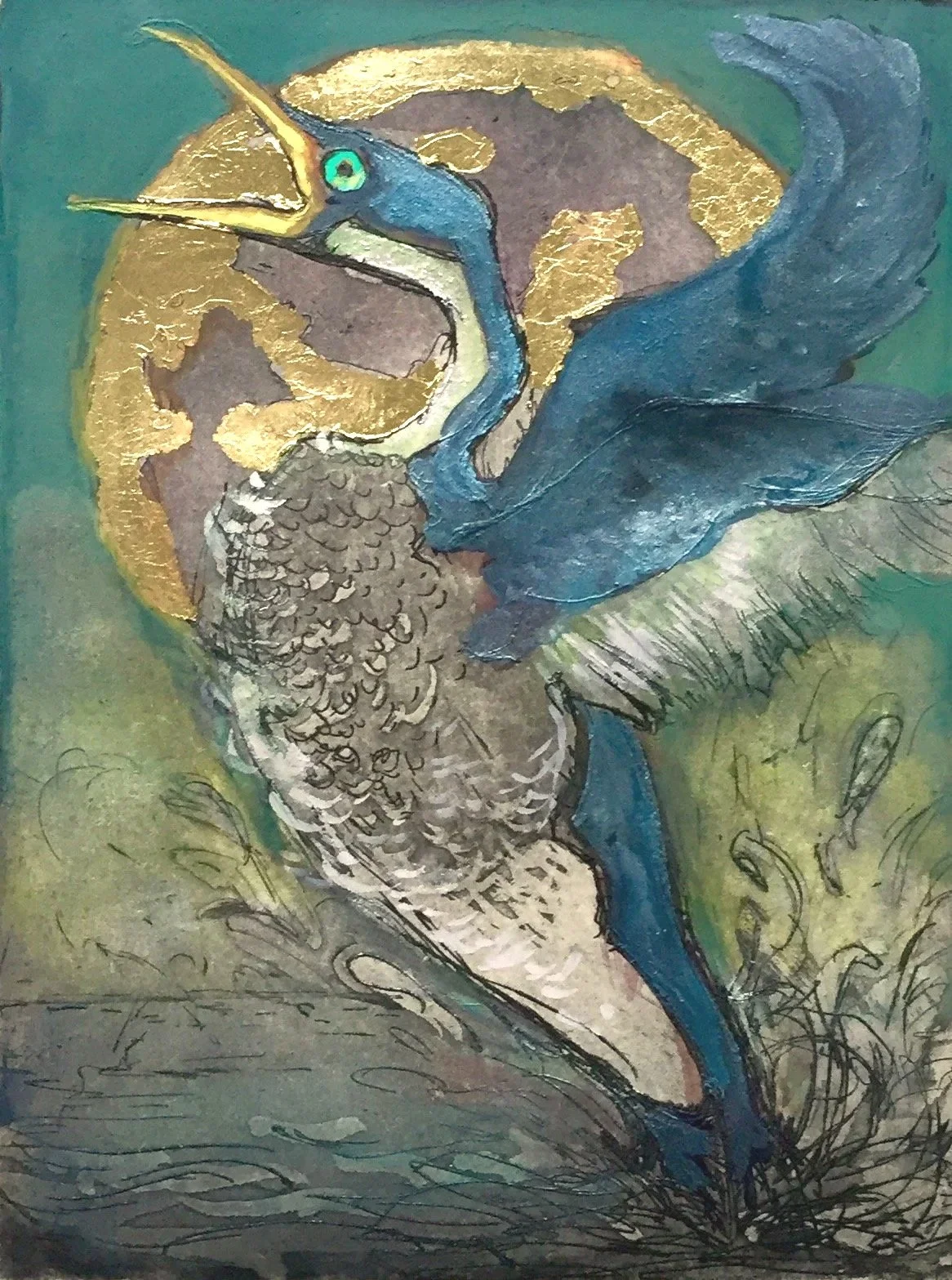 The Cormorant's Night Flight, 6 x 4", Etching with Watercolor, and Gold Metal Leaf