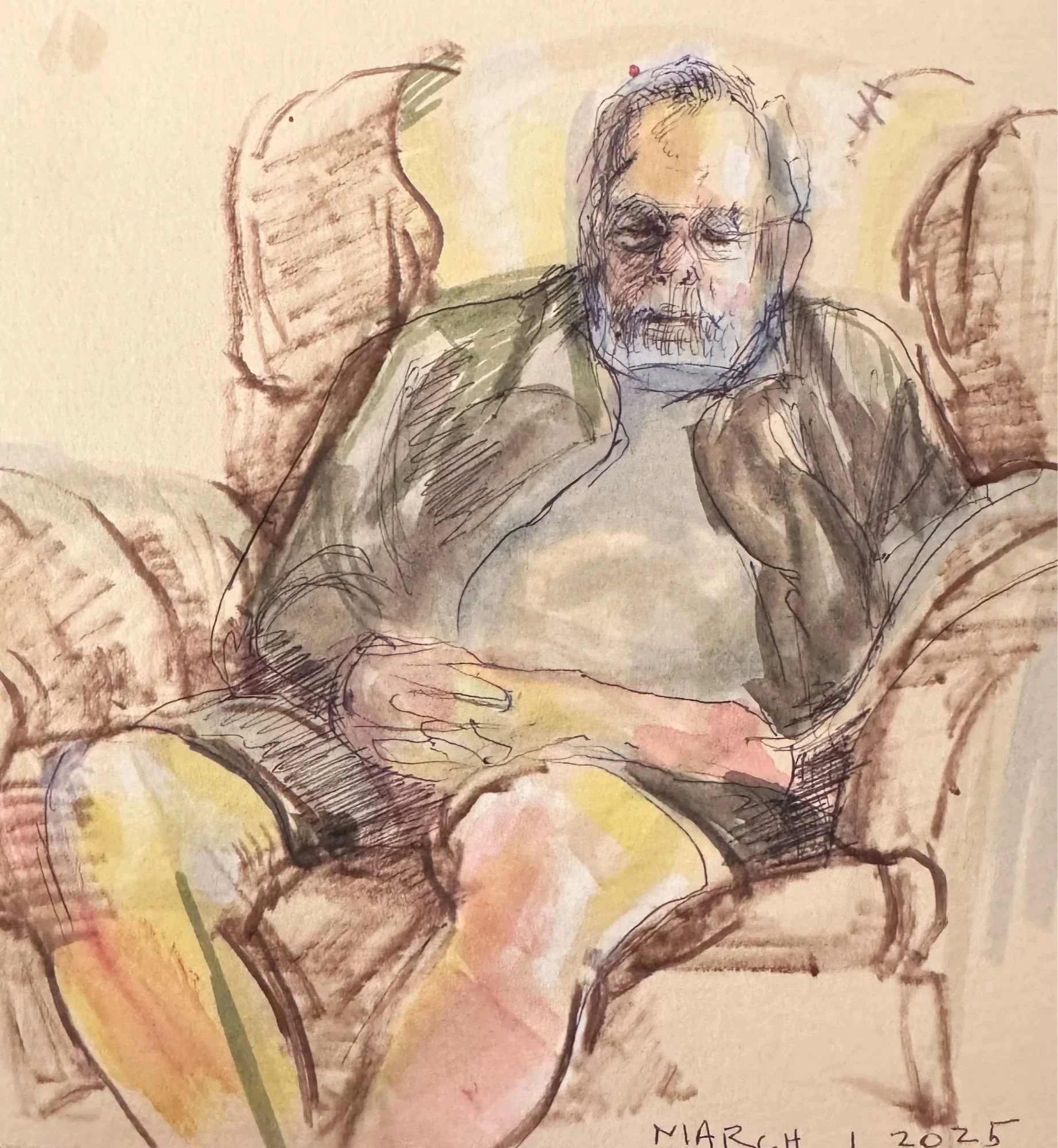 Dad, 03.01.25 , 4 x 4", Ink, Brushpen and Watercolor