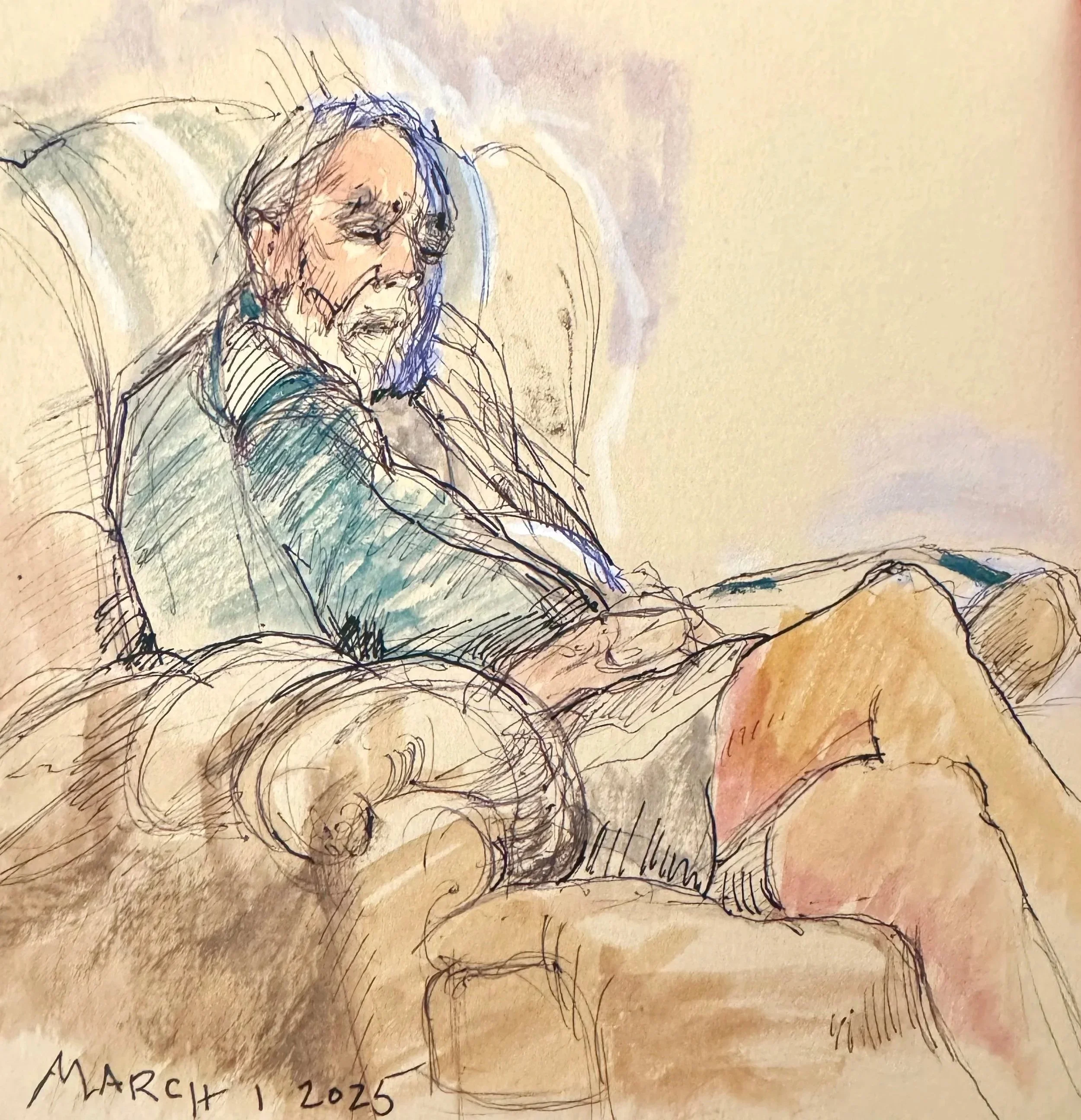 Dad asleep, 03.01.25 , 6 x 4", Ink, Brushpen and Watercolor