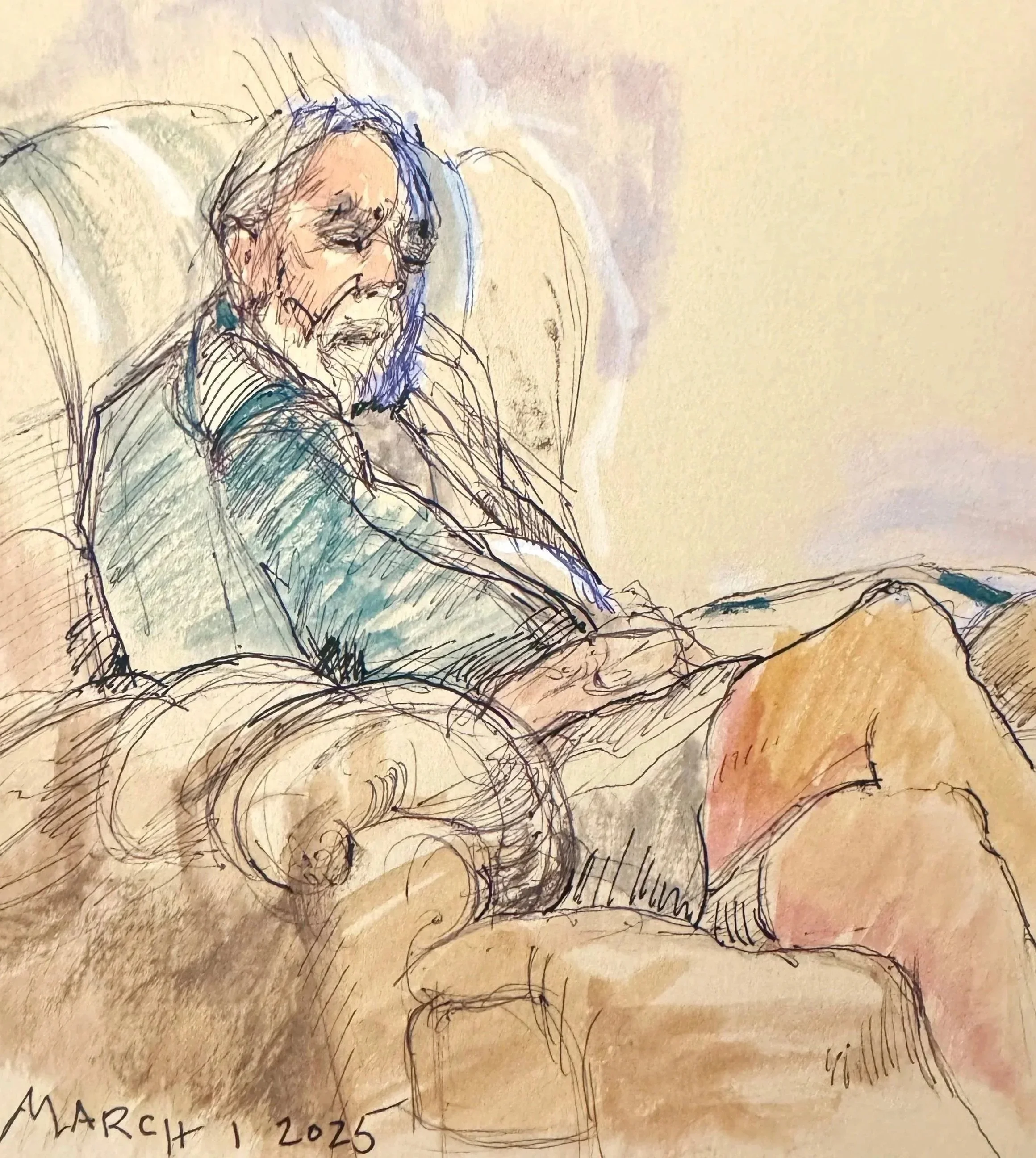 Dad Asleep, 03. 01. 25 , ink, brush pen and watercolor, 5 x 4"