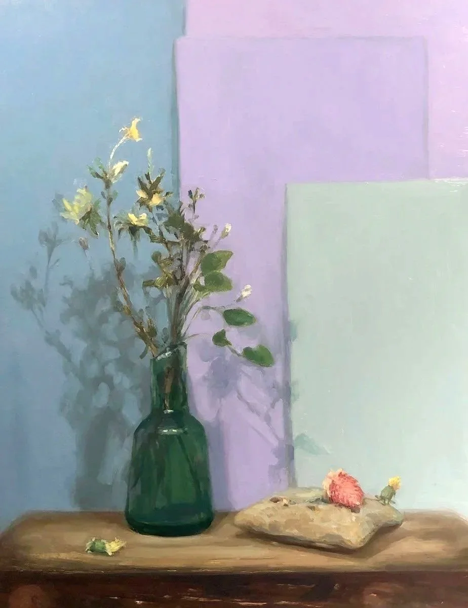 Wildflowers with Pillow Vase , 16 x 14", oil on panel