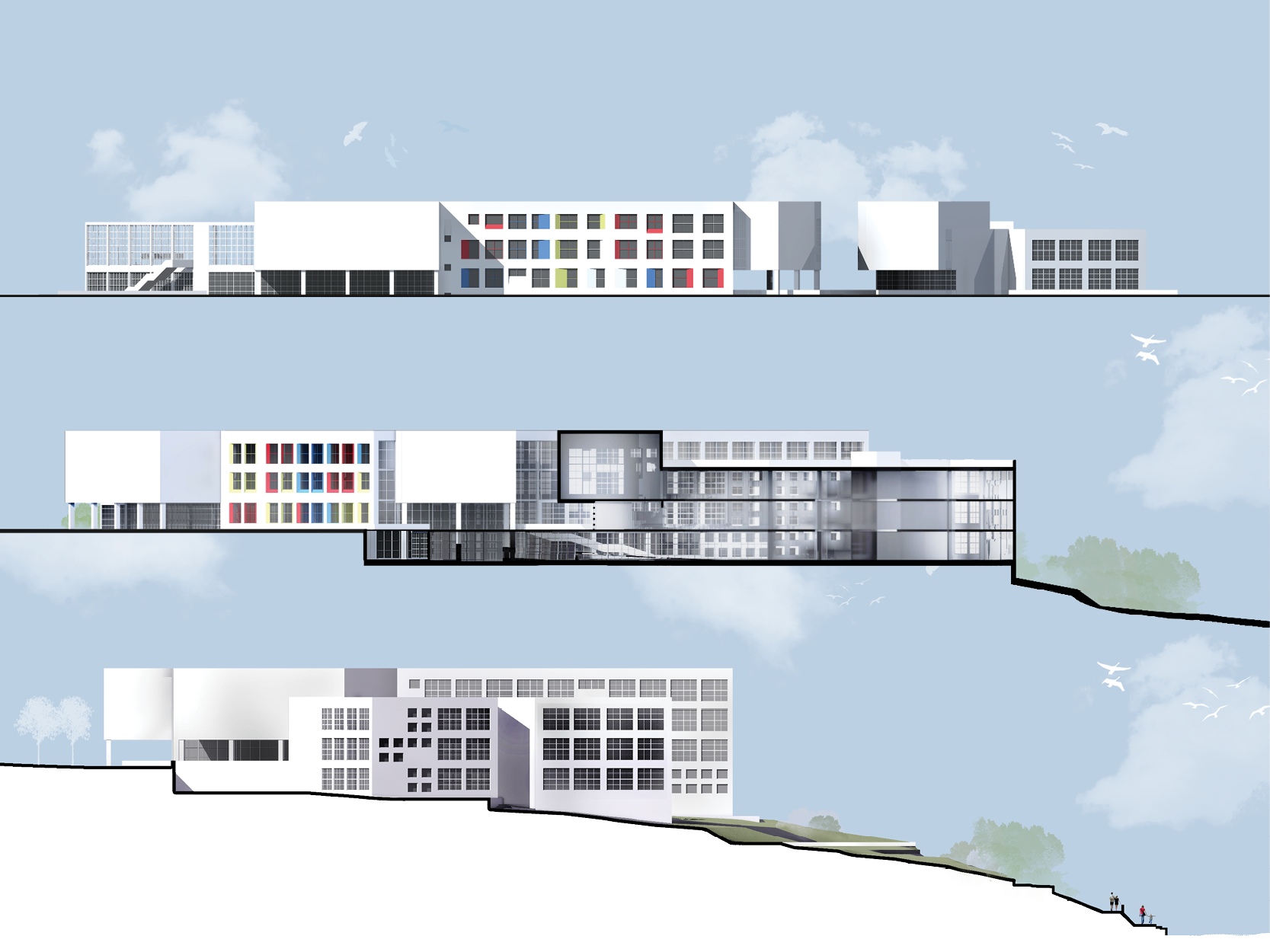 The main entrance is from the 2nd-floor platform, which also serves as a roof for the gallery/canteen.