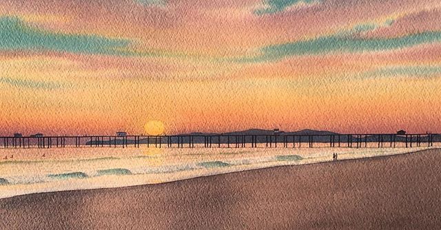 #watercolor #watercolorpainting #painting #rocktopigmentpaint #landscape #watercolorart #art #huntingtonBeach #california #beach #beachlife #oceanview