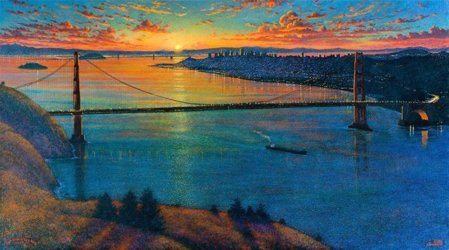 'Morning Colors, San Francisco Bay'. #oilpainting #oilpaint #oiloncanvas #painting #rocktopigmentpaint #landscape #watercolorart #art #goldengatebridge #sanfranscico #cityscape #sunset #sunsetonthebay #landscapelovers