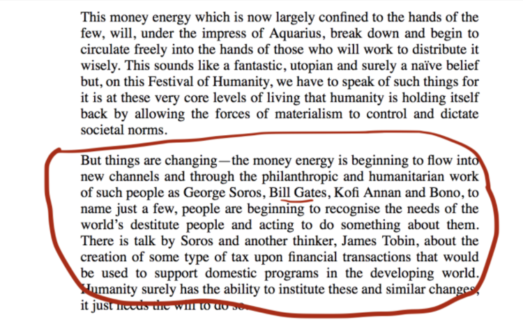 Lucis Trust article extolling supporters Bill Gates and George Soros. Scrubbed from the internet. Full documentation  here .