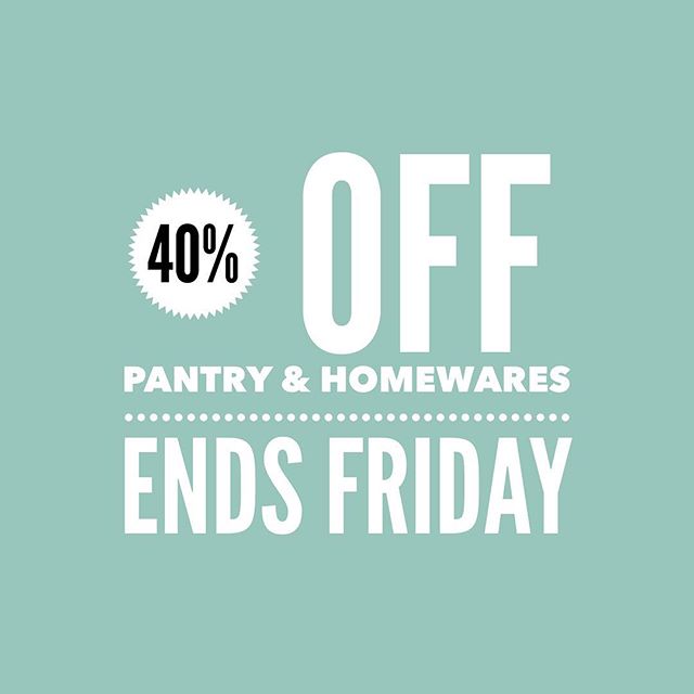 Flash Sale ⚡️ 40% Off all pantry and Homewares stock, making way for new treasures... pop in this week and grab yourself a bargain! Offer ends Friday 8 Feb.