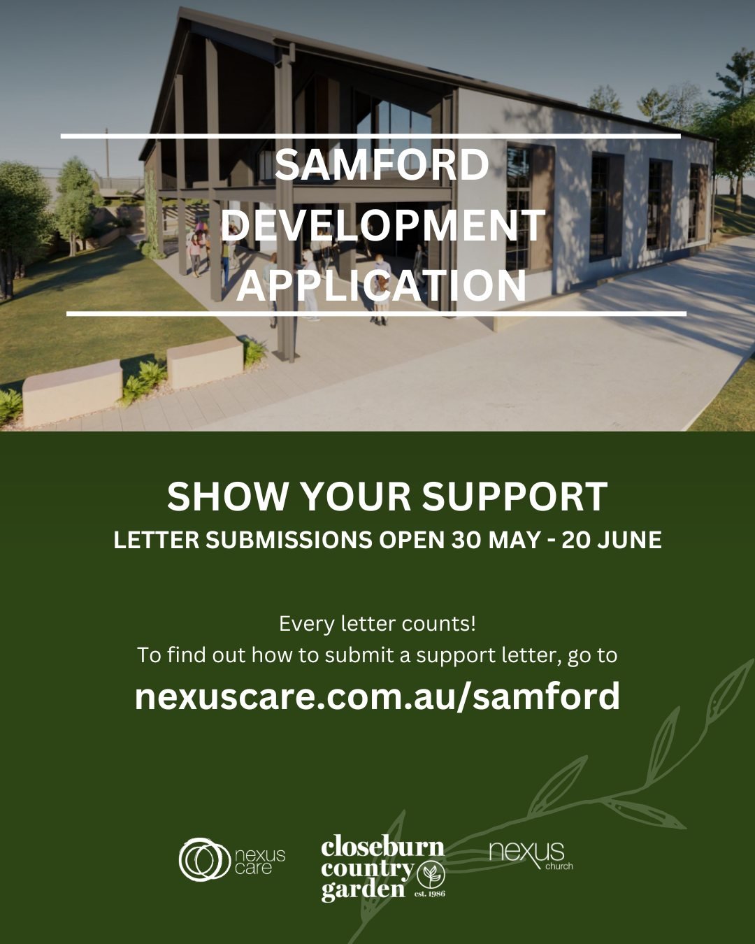 Late last year, a joint development application was submitted which would see a single multi-use building added on-site at our social enterprise, Closeburn Country Garden in Samford Valley.

This fit-for-purpose building would provide space for Nexus
