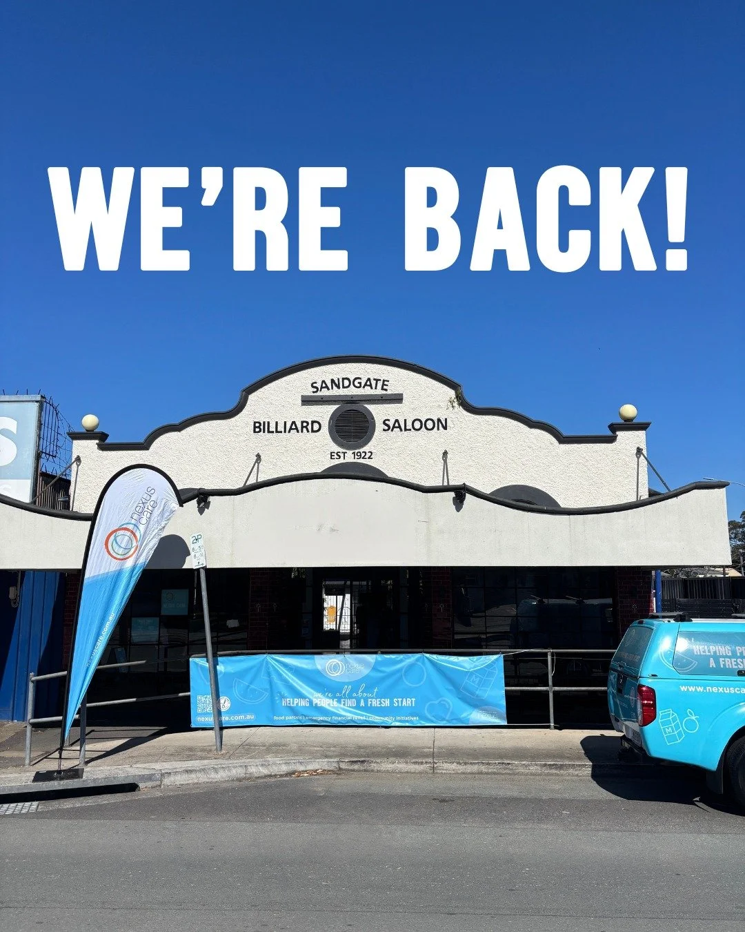 Our doors are open at Sandgate today from 10:30am-3pm 👋

If you or someone you know is struggling to get food on the table, we can help. 

Our Everton Park hub will be back on deck at 10am on Monday 12 January.

Head to nexuscare.com.au for more inf