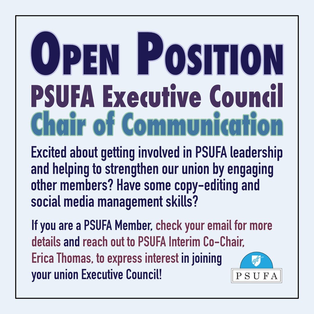We're looking for a Chair of Communication 💬 to serve on the PSUFA Executive Council!

For more details on the position check for our December 1st email. Interested PSUFA Members should reach out to acting PSUFA Co-chair, Erica Thomas, for more deta