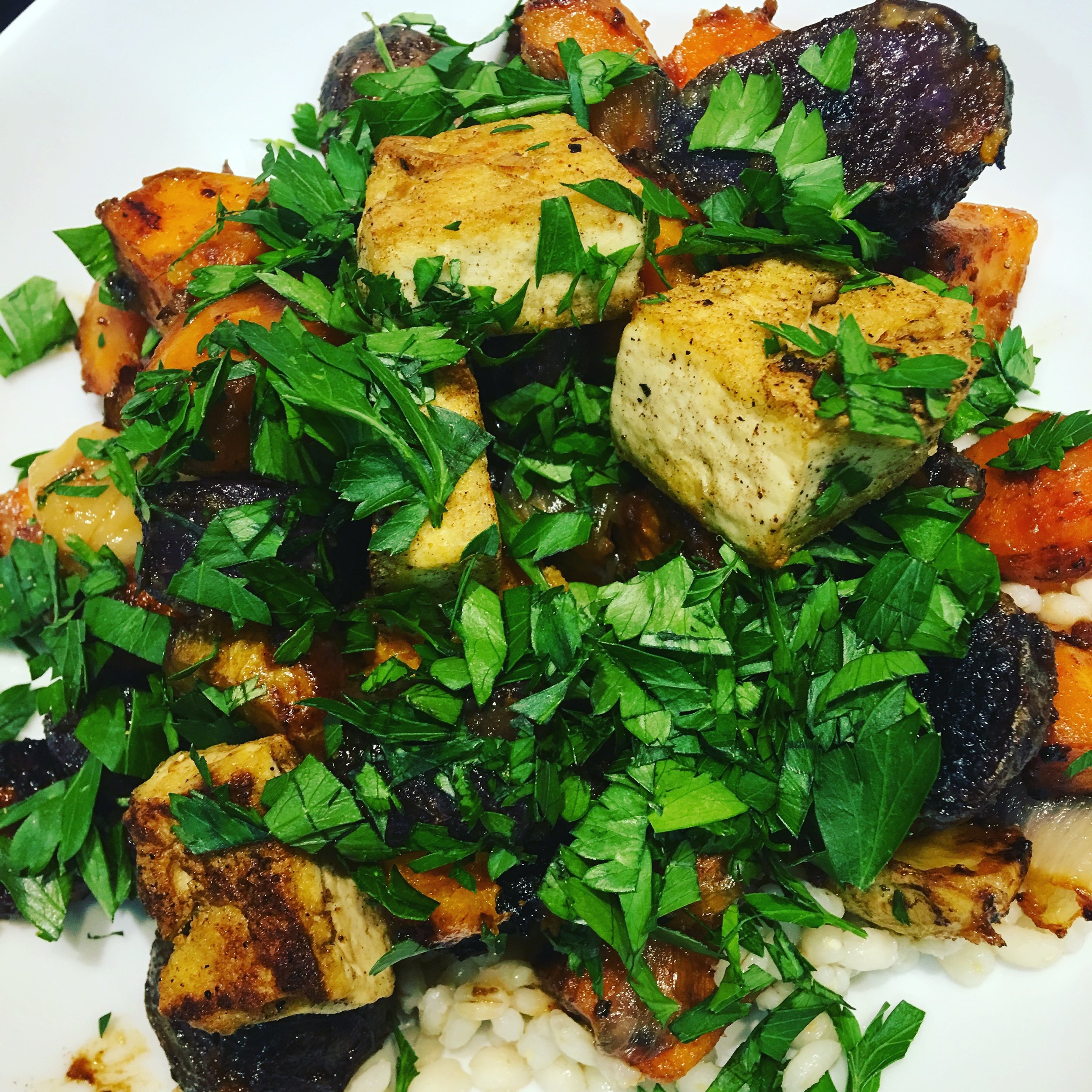 A vegetarian variation on Epicurious' Coriander-Roasted Chicken Thighs With Miso-Glazed Root Vegetables , using tofu pan-fried with coriander in place of the chicken