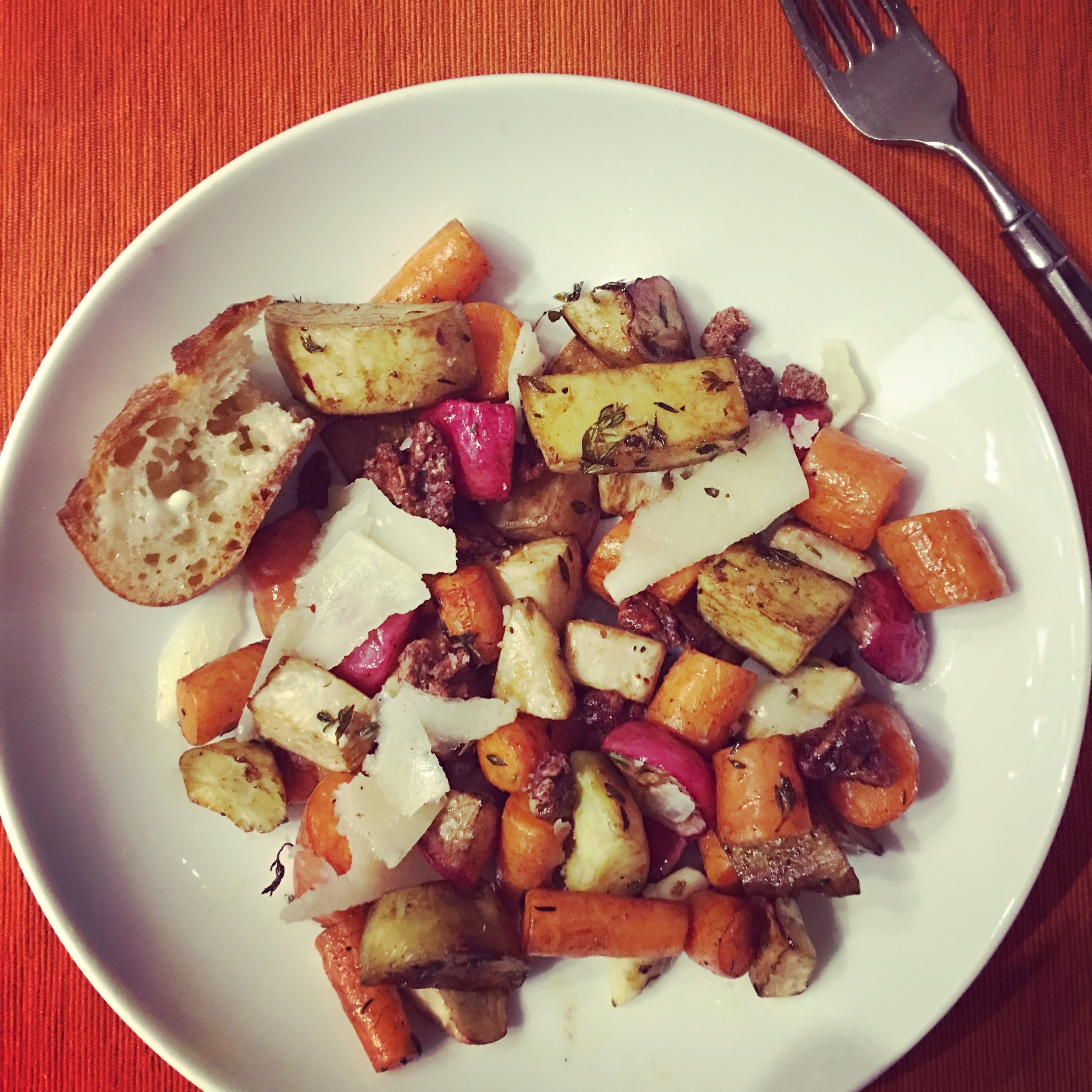 Roasted Autumn Roots With Thyme and Parmesan One of those meals that's so simple, you won't believe how delicious it is. Toss carrots, parsnips and radishes with olive oil, salt and pepper and a bunch of fresh thyme. Roast at 400 for 30-40 minutes and finish with shaved parmesan and candied pecans or walnuts. 