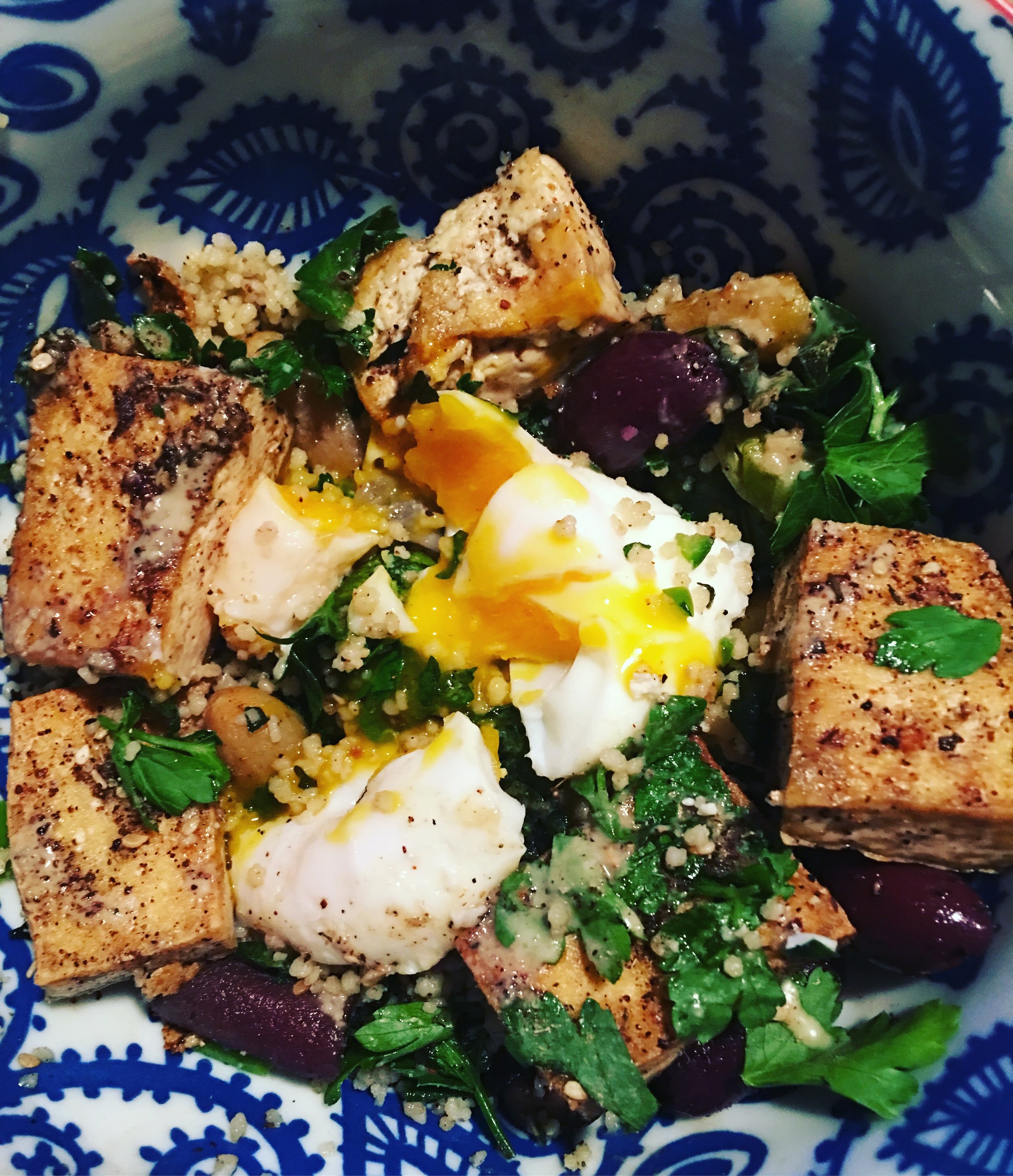Berbere Veggies Leftover Remix I love it when leftovers are better than the original: What was left of Variation #3, along with pan-fried za'atar tofu, kalamata olives, poached egg and tahini. The best version yet!