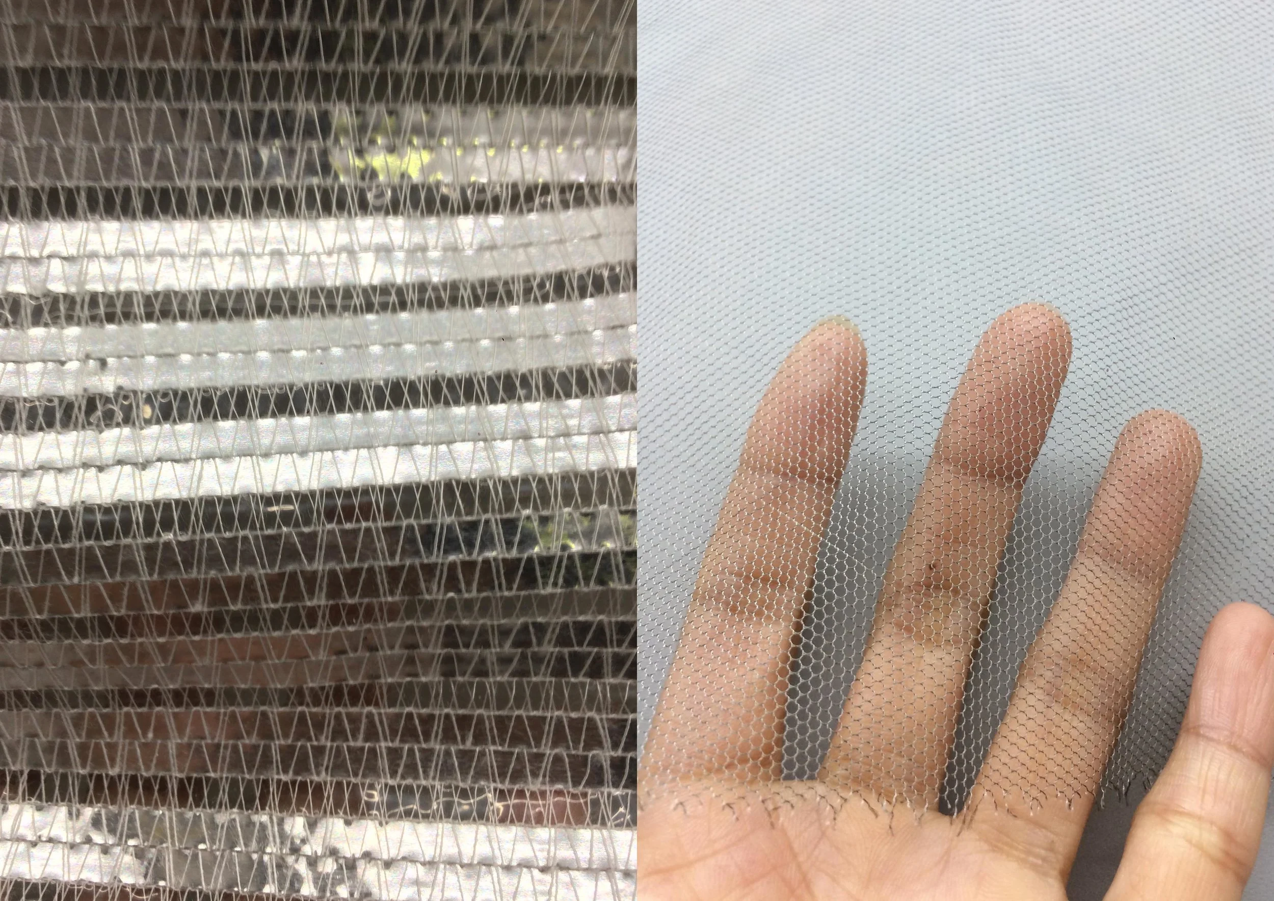 LEFT: High density polyethylene (HDPE) monofilaments + aluminium. Reflective, weather-resistant and flame retardant screens. RIGHT: Lightweight bobbinet tulle fabric composed of 91% polyamide (PA 6.6) and pure silver (9%). Tear resistant, electro-magnetic shielding. Used in technical shielding and flexible electronics.