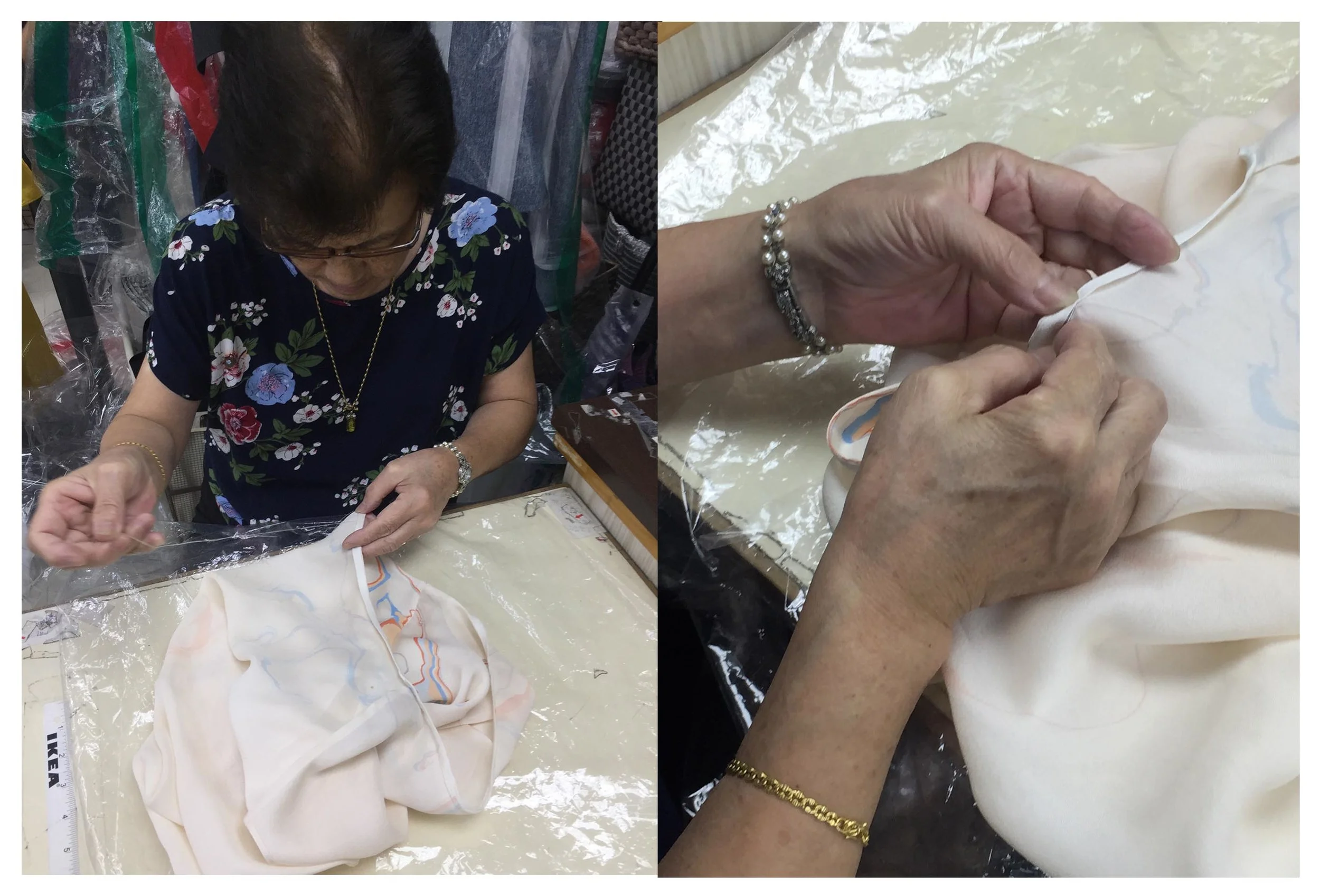 Madam Lan who has almost 70 years of sewing experience hemming the neckline binding of INMA top by hand.