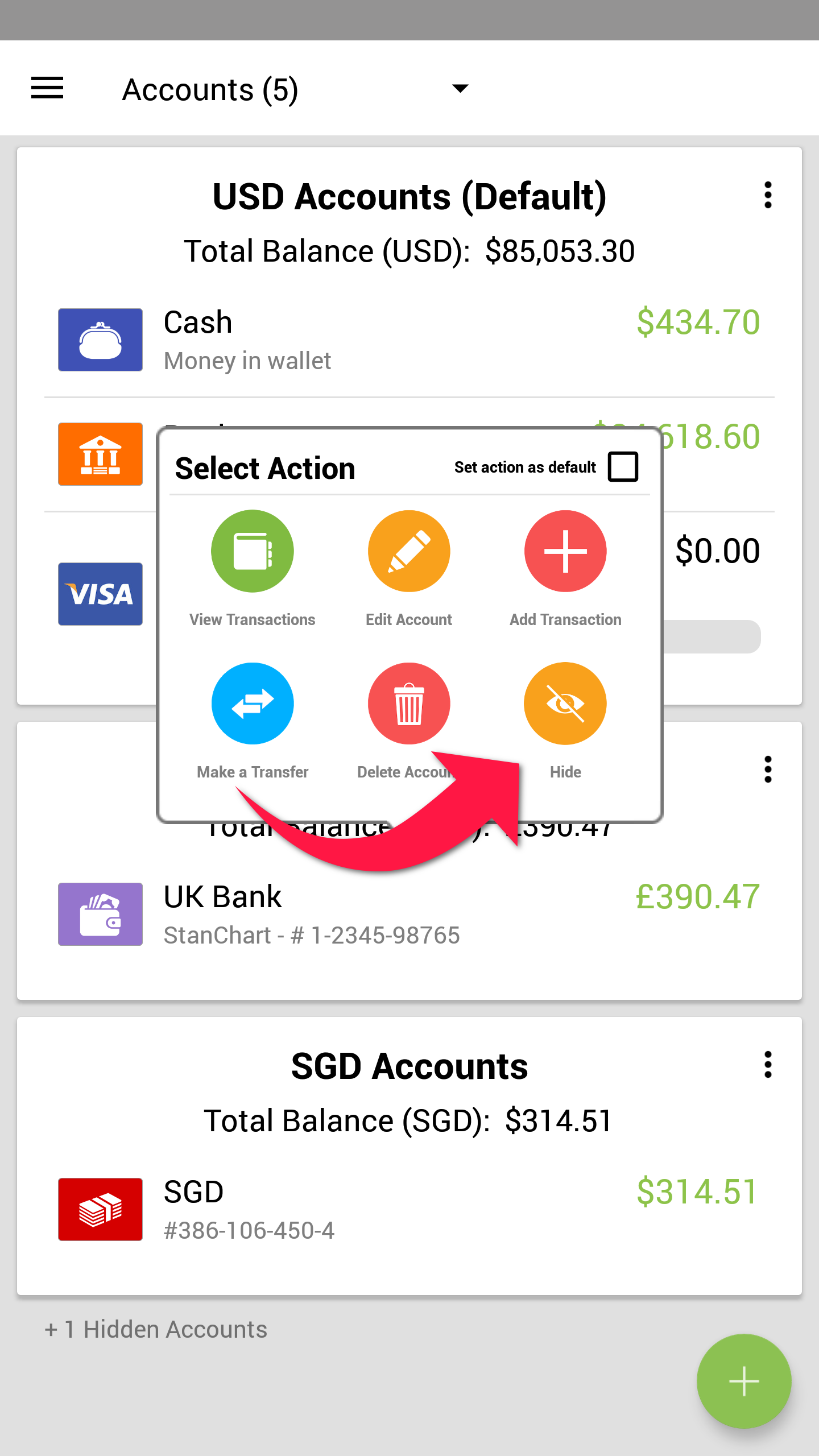 Tap the "Hide" button to hide accounts you no longer use