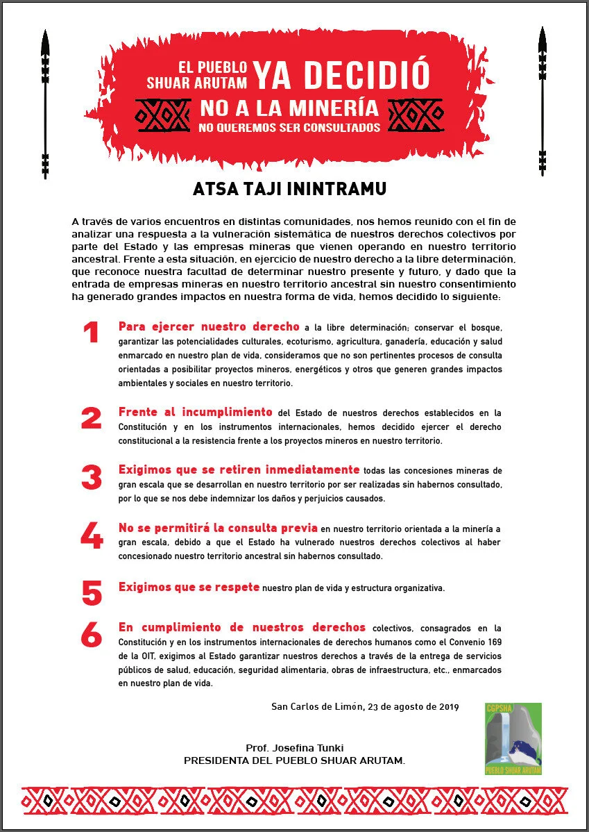 Pronunciamiento del Pueblo Shuar Arutam que se dió a conocer durante la rueda de prensa.