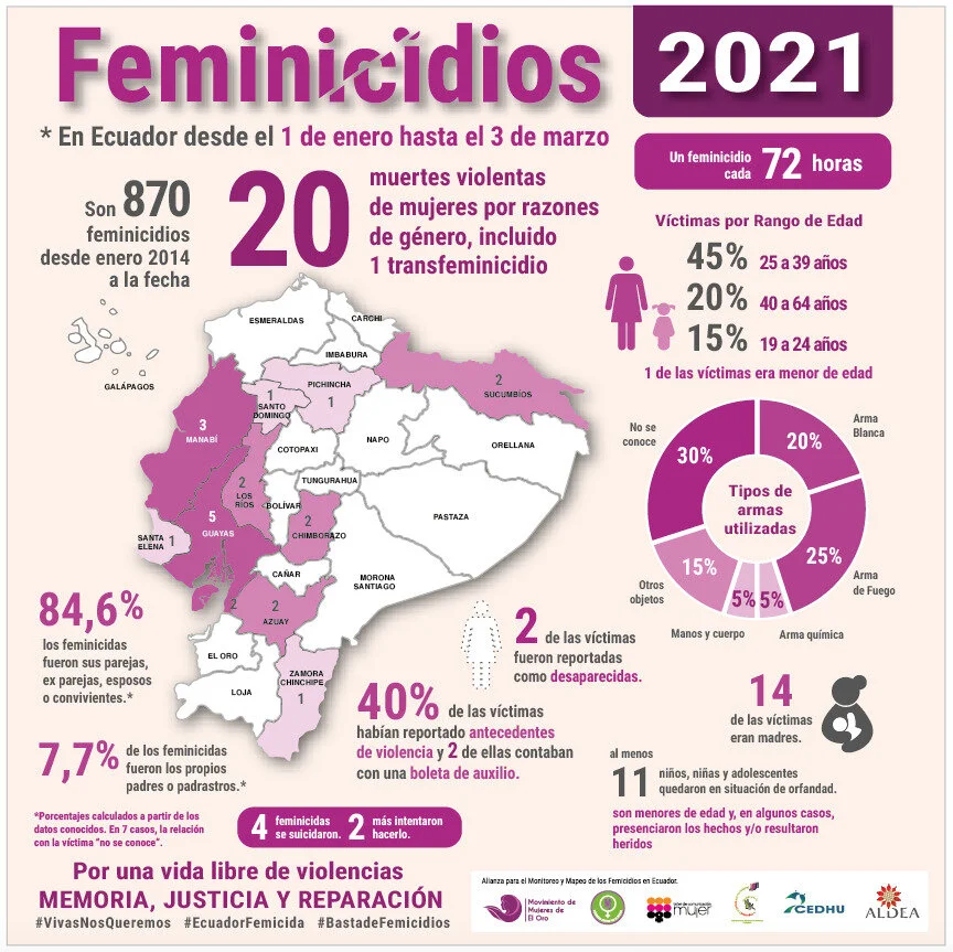 20 feminicidios en Ecuador desde el inicio del 2021. El 92% fueron cometidos por familiares cercanos.