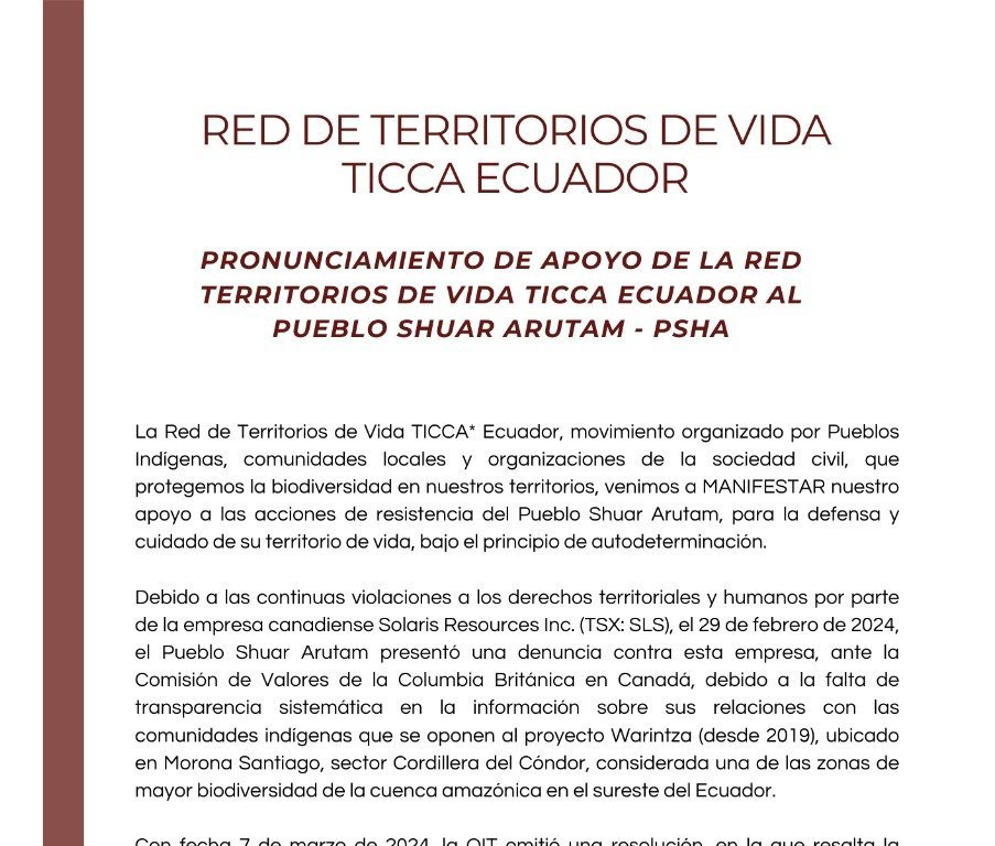 Pronunciamiento de apoyo de la Red Territorios de Vida TICCA Ecuador al Pueblo Shuar Arutam − PSHA