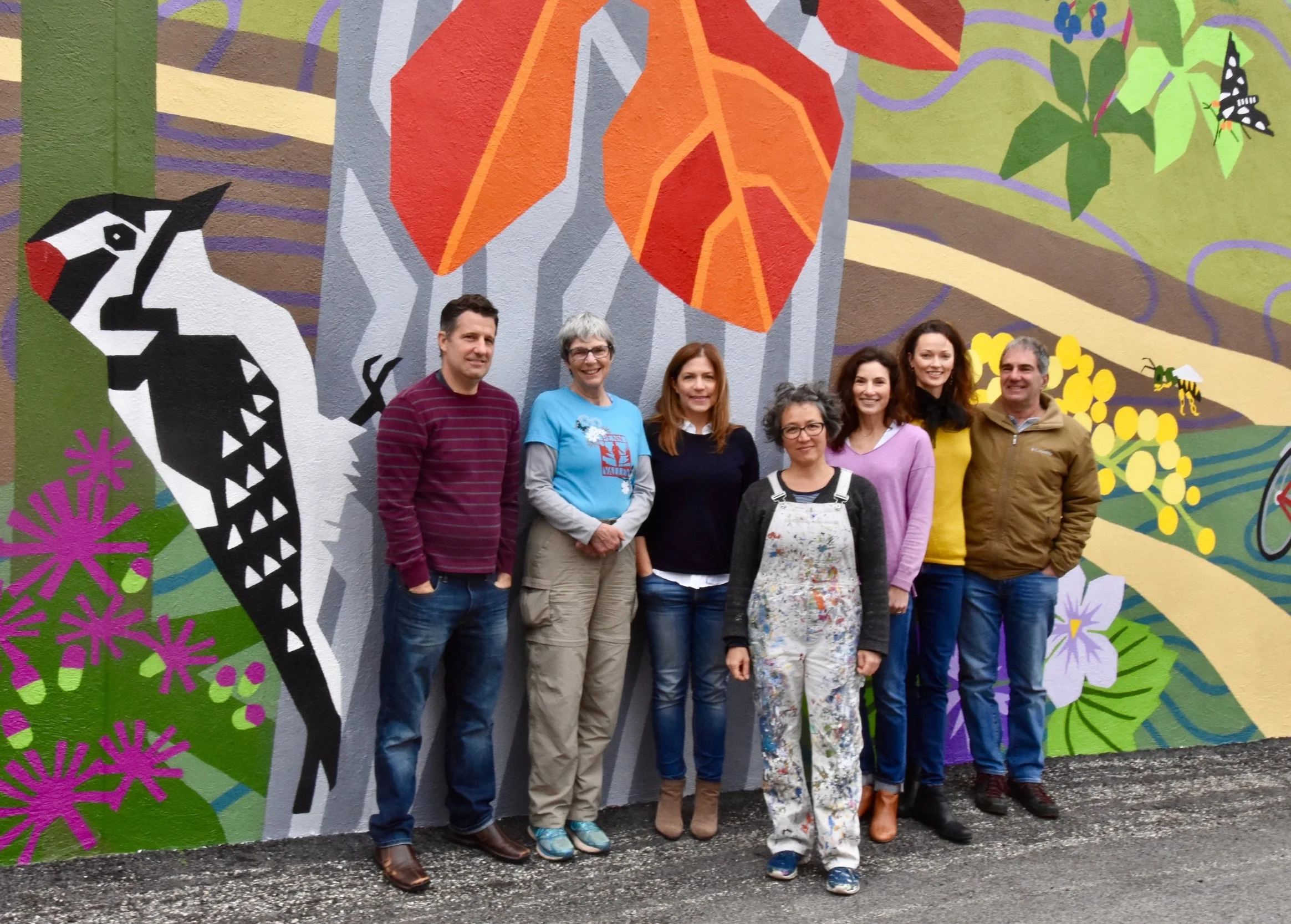 Thanks to this great team who helped make the mural project a huge success! From left to right, Steve Filippone (Vice President, Penn Valley Civic Association), Kitty Rapalyea (President of The Friends of the Cynwyd Heritage Trail), Jen Kelly (Treasurer, Penn Valley Civic Association), Eurhi Jones (Mural artist), Maria Wodraska (Mural painting assistant), Michelle Detwiler (President, Penn Valley Civic Association) and Dan Goldberg (owner of the Main Line Cycles building)