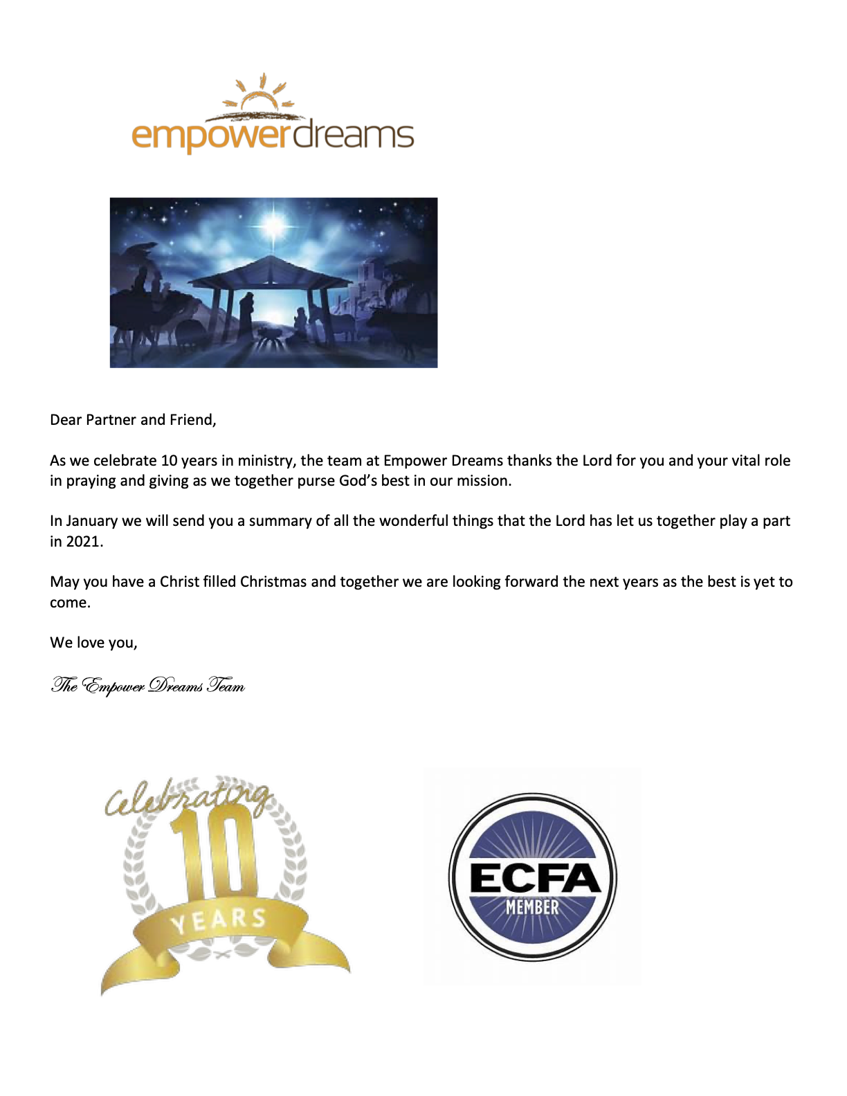 Christmas Note from Empower Dreams