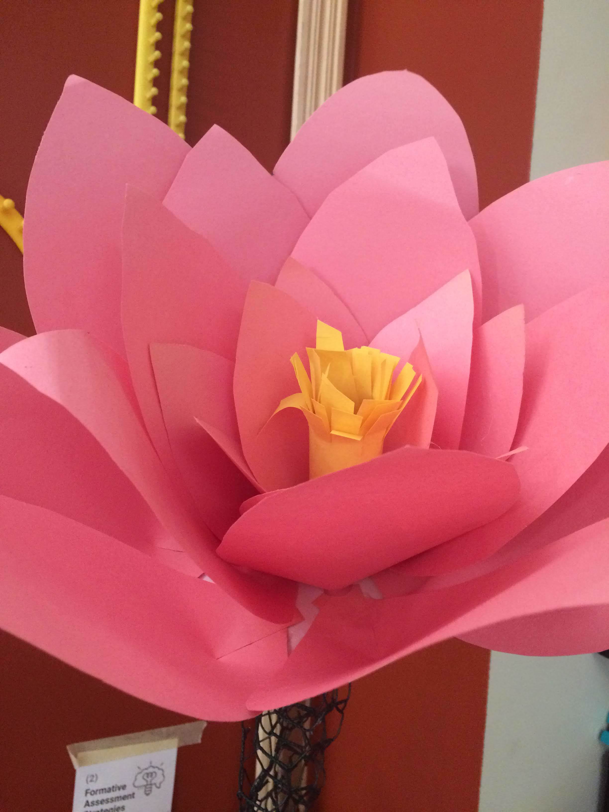 Large paper flower sculpture of spring flower from Mount Auburn