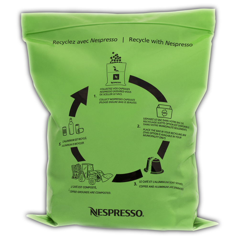 Voici le sac utilisé par Nespresso qui sera reconnu par le centre de récupération et de tri des matières recyclables du Groupe TIRU.