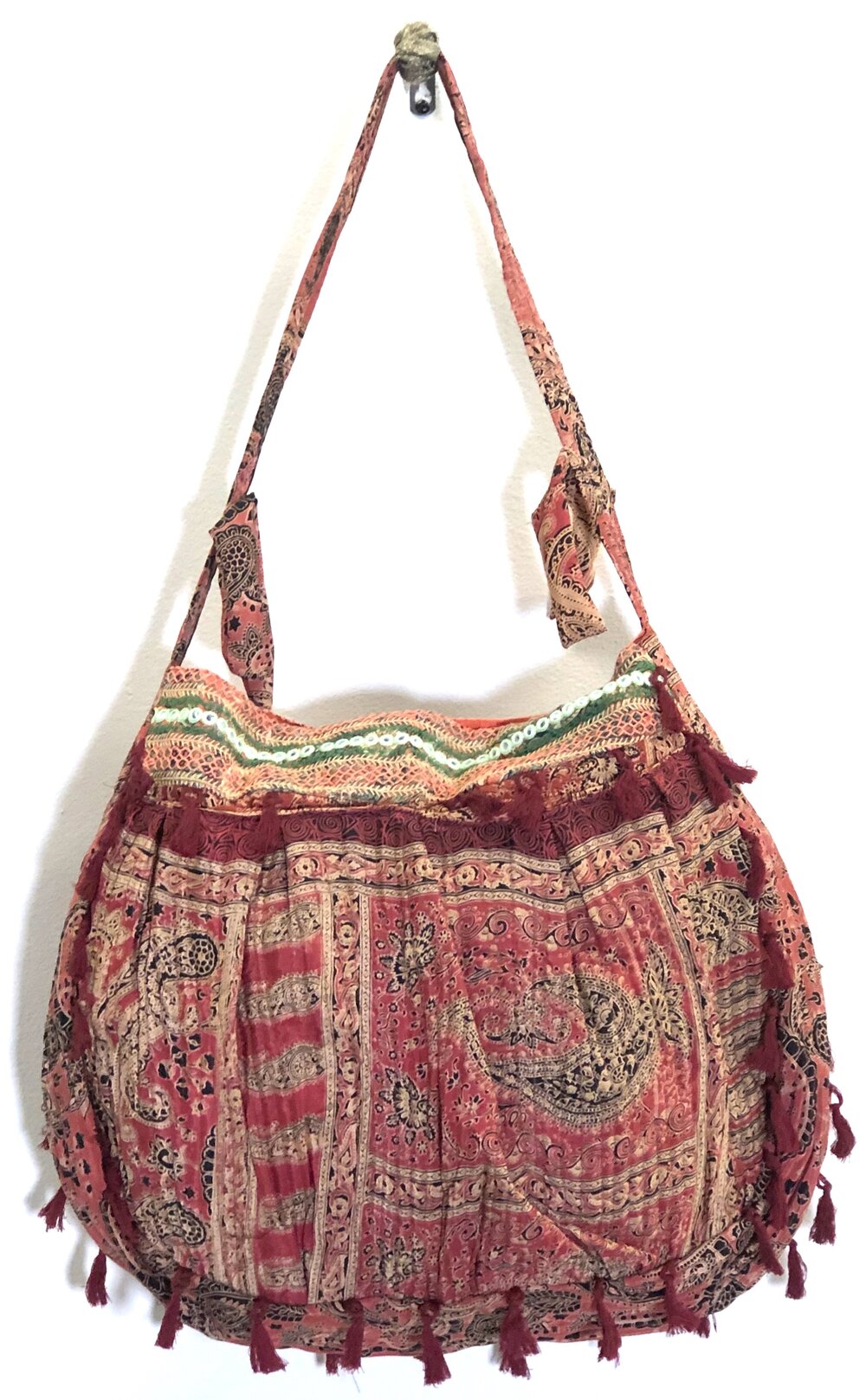Sari Fabric Paisley Mirror work embroidery hand bag SHOULDER BAG Large bag  HOBO Bag w cotton tussles Tribal bag Bohemian Hippie Boho style — Colors by