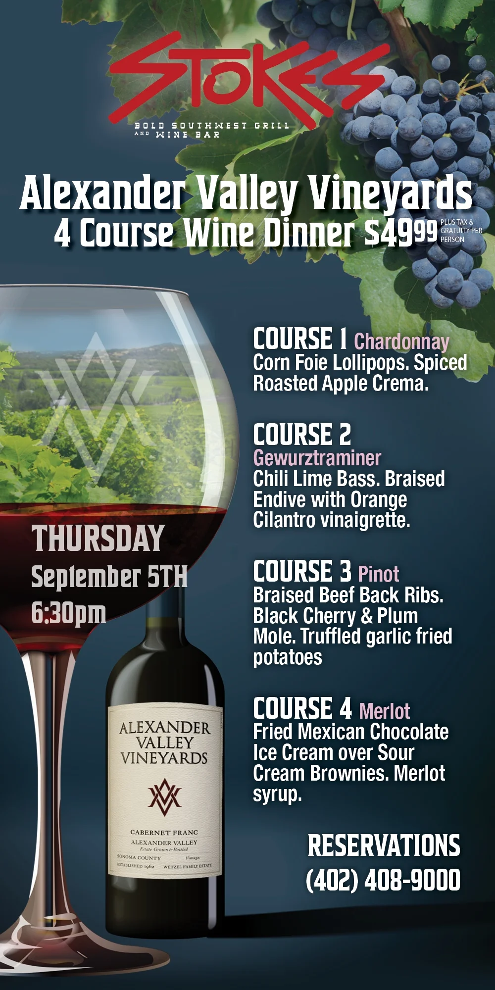 Alexander Valley Vineyards 4 Course Wine Dinner September 5th, 2019