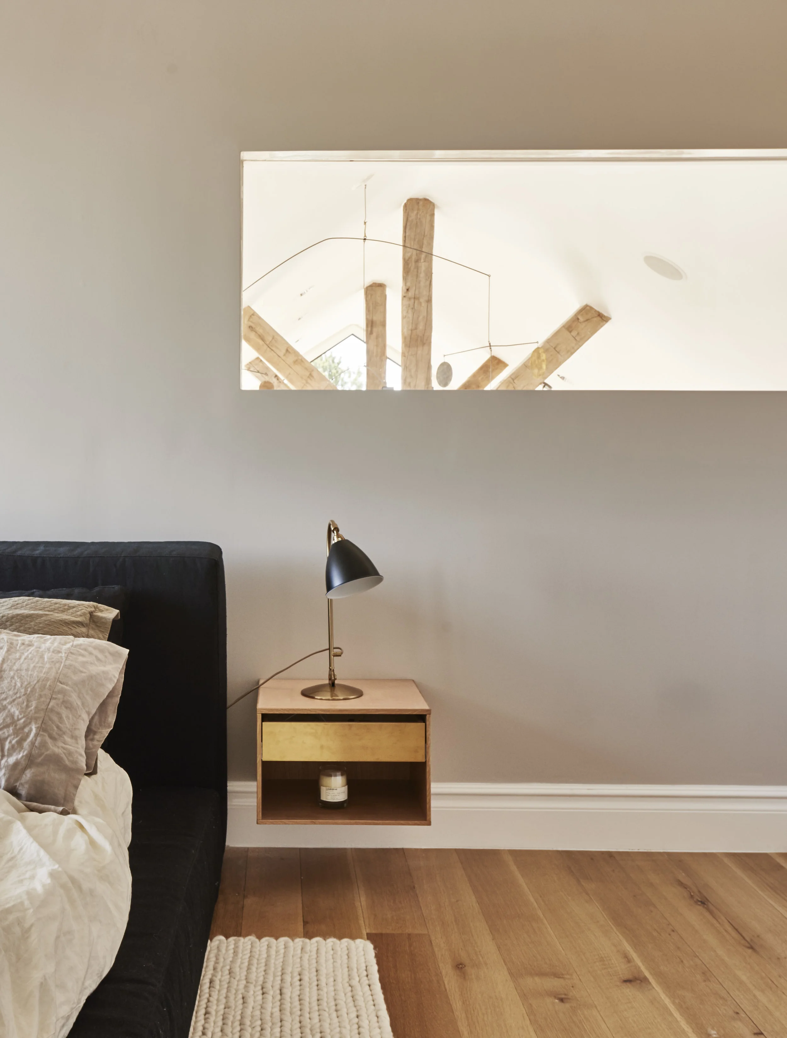 Modern Hamptons barn bedroom and side table