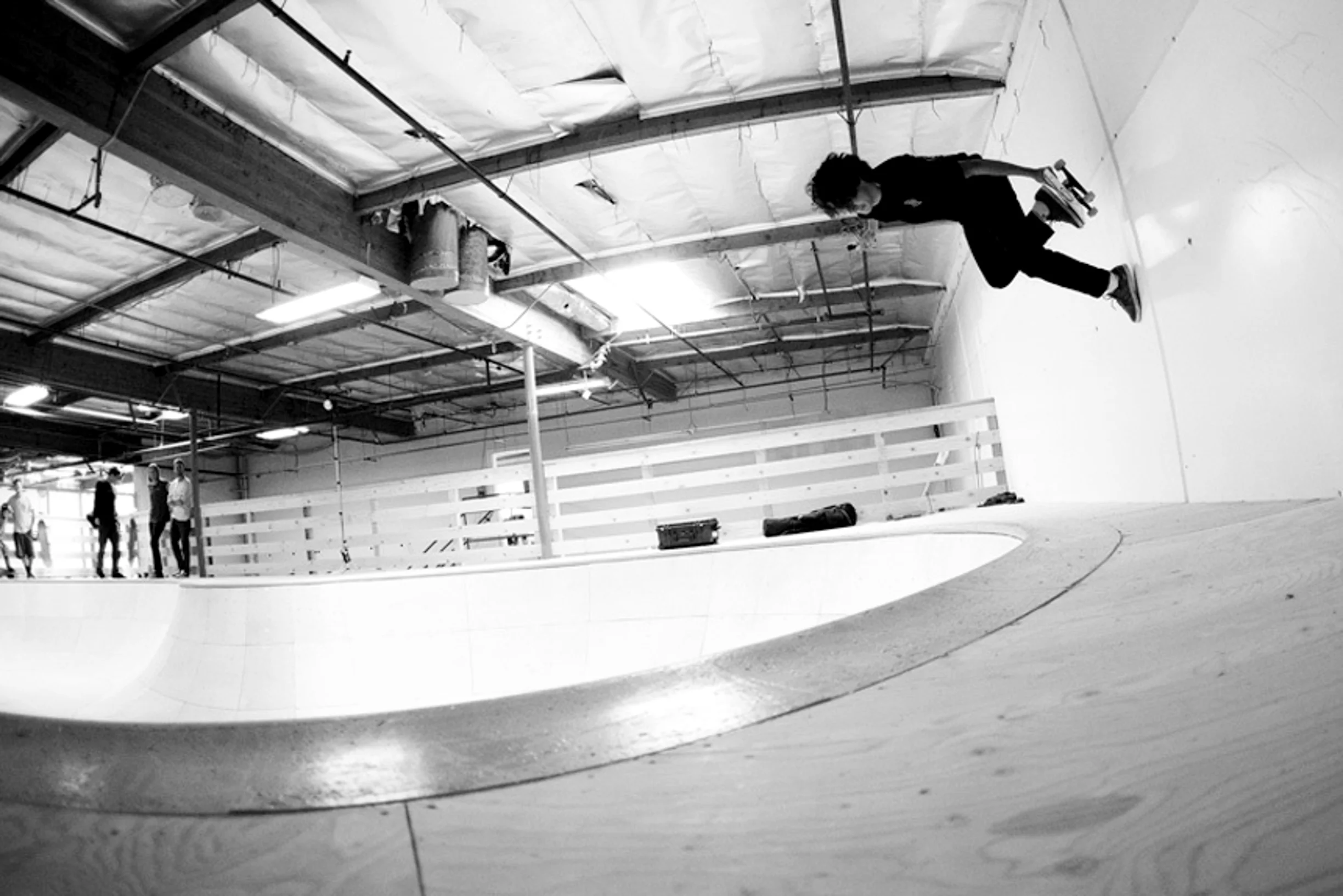 California indoor skate park boy skating black and white