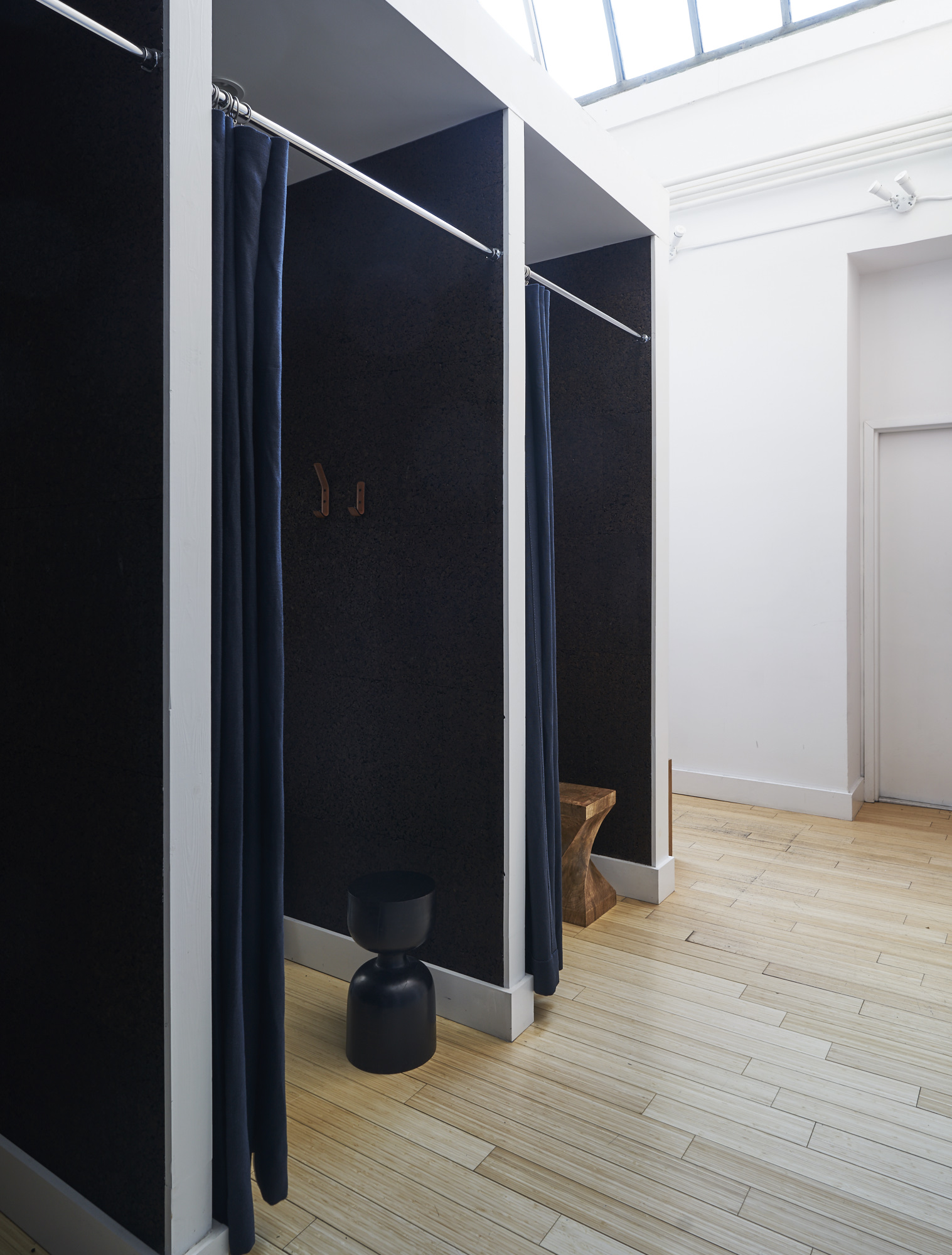Changing room in a modern workout space and Pilates studio in Chelsea, NY