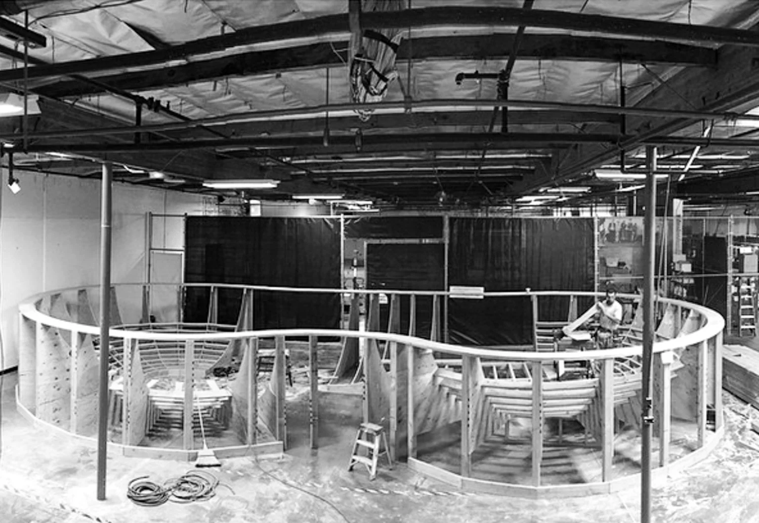 California indoor skate park construction framing black and white
