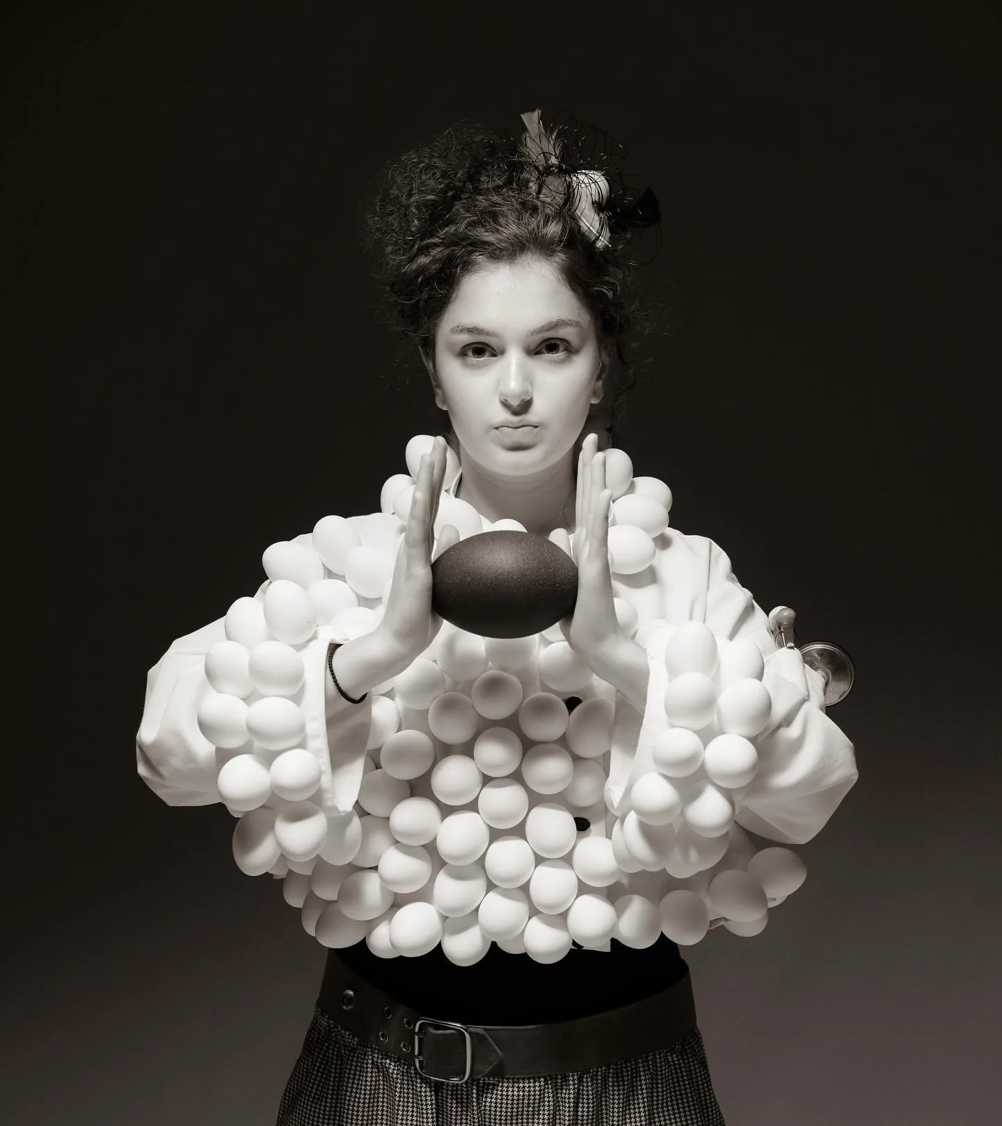 Fragile Truths 
Upcycled Chicken Eggs, Emu Egg and Chef&rsquo;s Clothing.
Photo:  @eric.korenman.photography 
Model:  Francesca Stanmeyer
#upcycledart  # makersgonnamake  #upcycle  #upcycledfashion  #sewersofinstagram