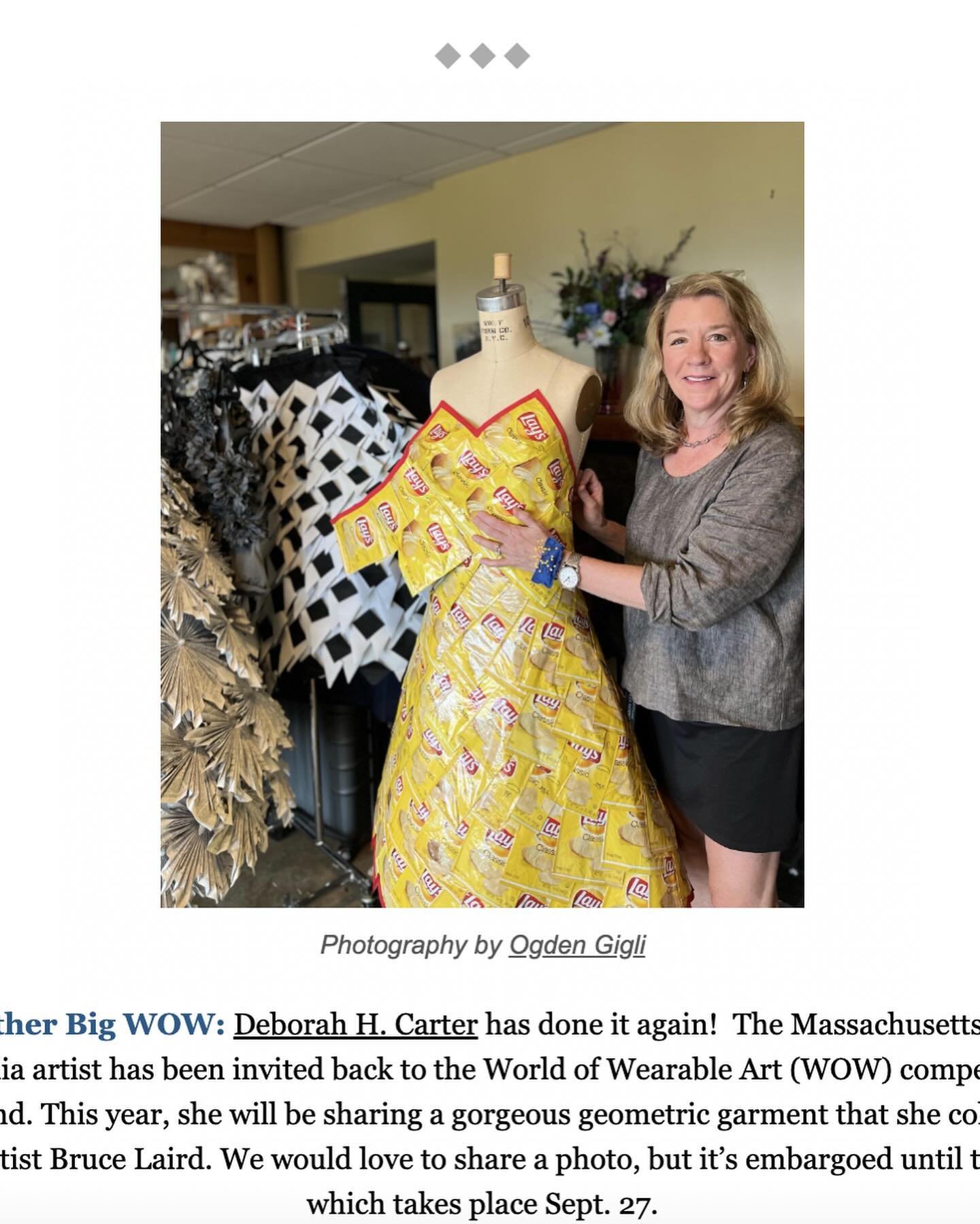 So honored to be named to Three To Inspire by What Women Create magazine for my upcycled wearable art and entrance into World of WearableArt collaborating with artist Bruce Laird! Thank you for celebrating creativity and sustainability. Grateful for 