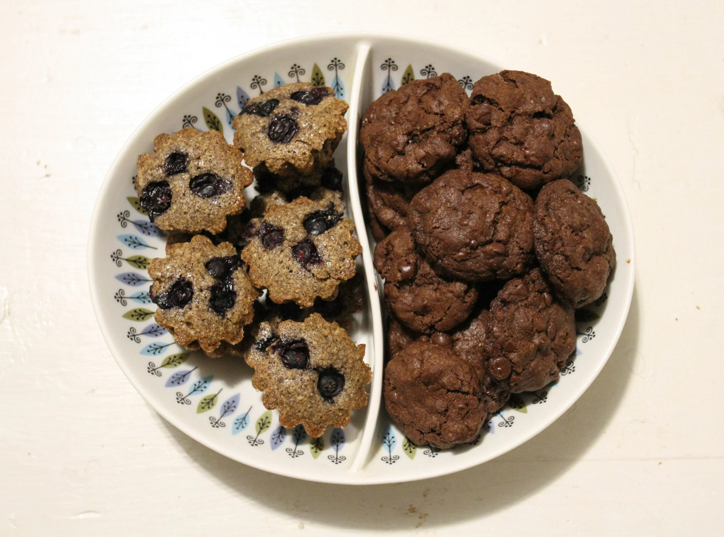 Buckwheat-blueberry financiers; Vahlrona chocolate cookies.