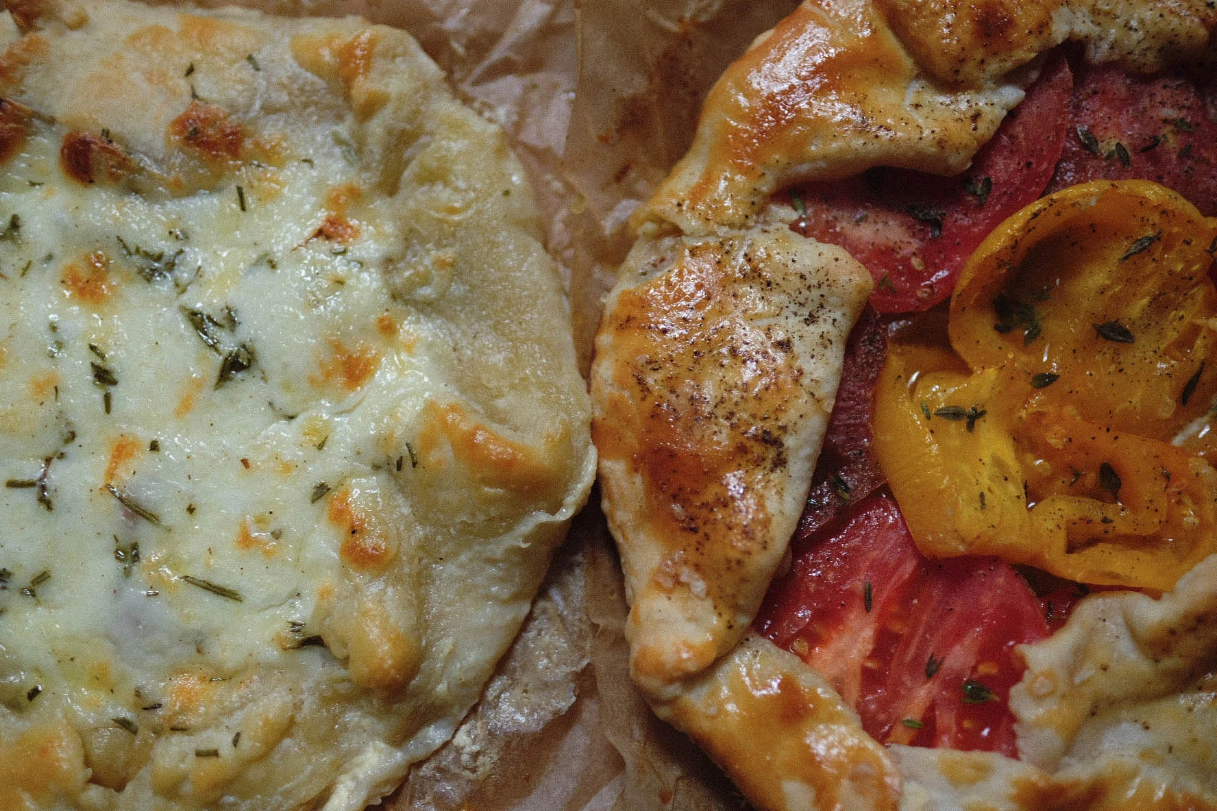 mozzarella-potato and tomato-onion savory tarts