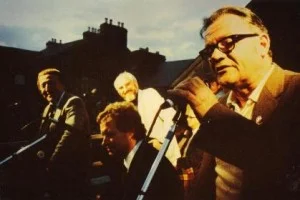The Chieftains and Mick Lavelle performing on the roof of Matt Molloy's pub, Westport