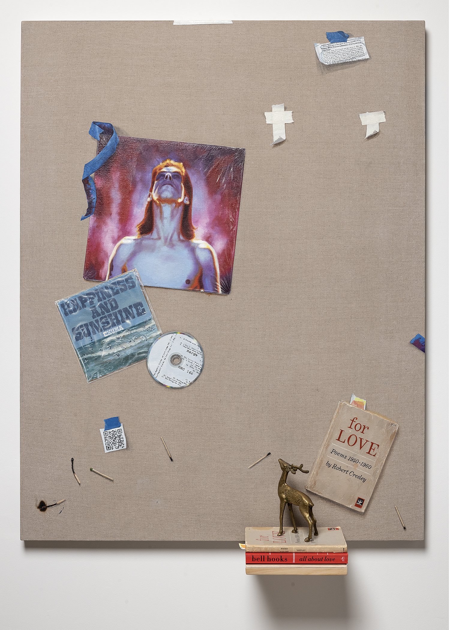 Michael Hall, Let Love in, oil on linen with hand carved shelf, book, brass figurine,  and useable QR code linked video, 2022