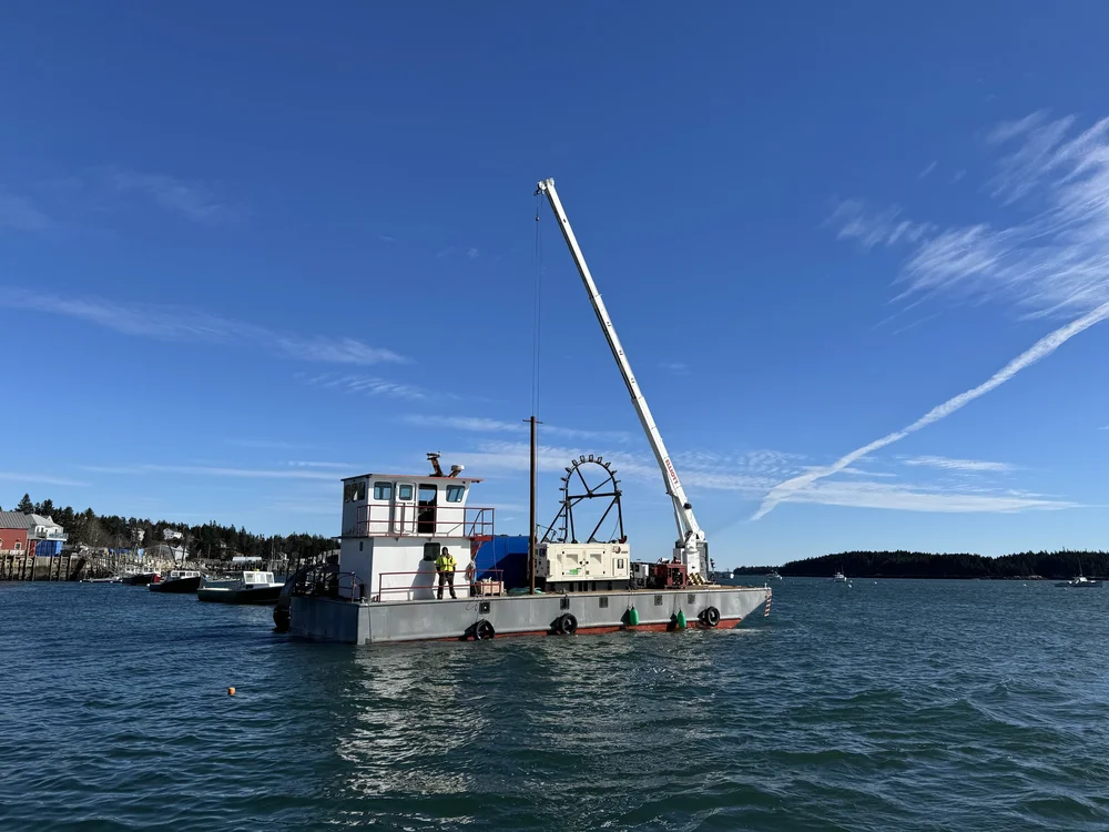 Crane barge laying subsea fiber cable to Isle au Haut