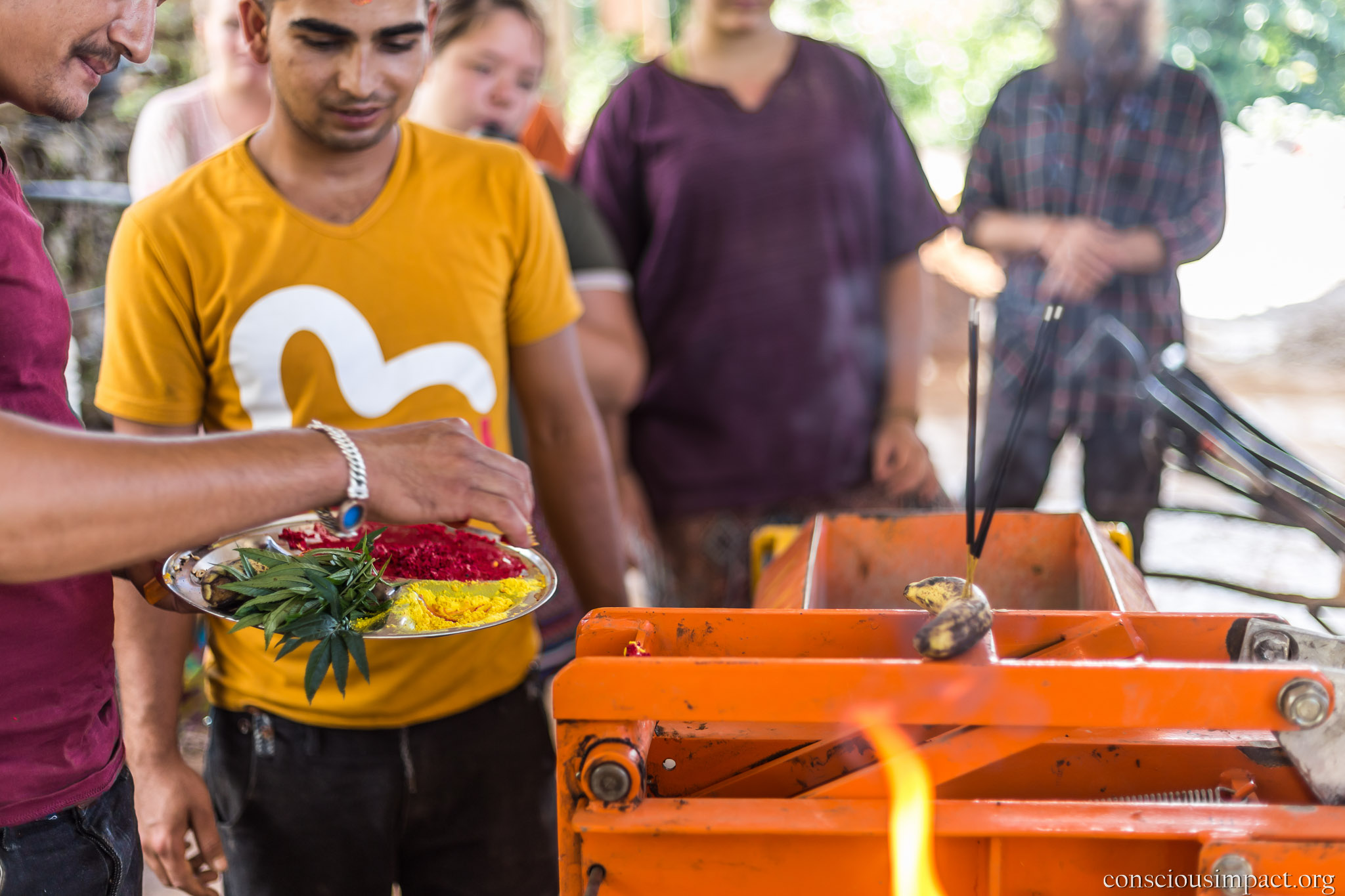Even our tools receive honor during Dashain! Here, we venerate our brick press to bring good fortune and prosperity to our work.