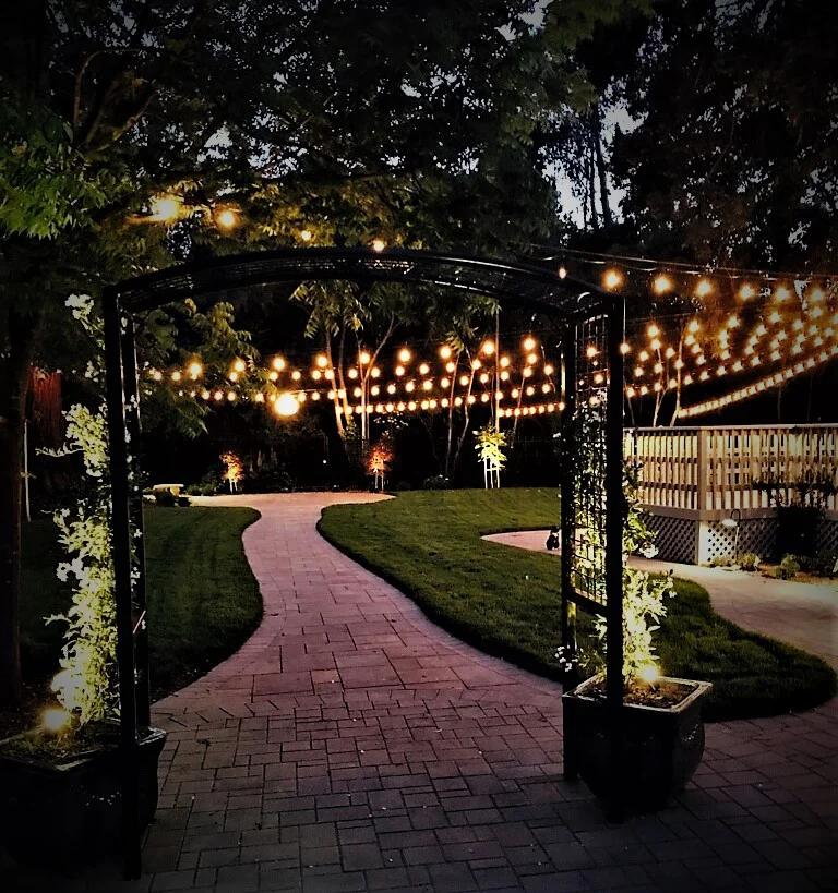 Lighting The Old Homestead is equipped with an electrical infrastructure to support audio and video. We provide spot lighting, pathway lighting and banister lighting in the backyard. String lighting is included in the Diamond Package.