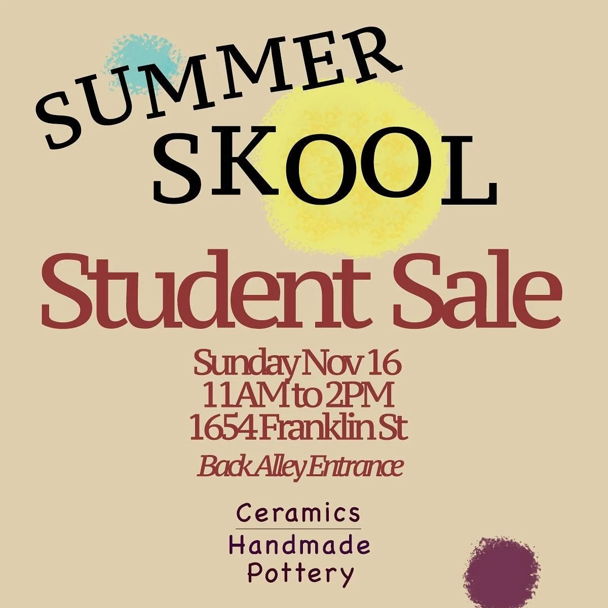 Summer Skool is hosting a pottery sale on Sun Nov 16 from 11:00-2:00 pm. Come visit our studio and check out the beautiful, unique, handmade creations by students in our drop-in program! 🥳💕🍓