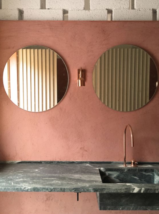 Terracotta colour for interior design colour inspiration, bathroom at the Pazuzu Beach Club in Corfu. Camilla Pearl Colour and Style inspiration for home interiors and fashion with a granny chic vibe. 