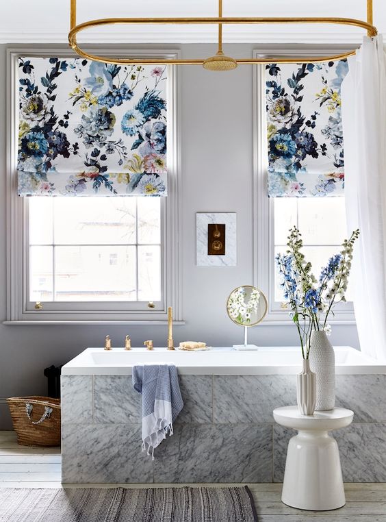 Image by House Beautiful featuring floral blinds in modern bathroom scheme.