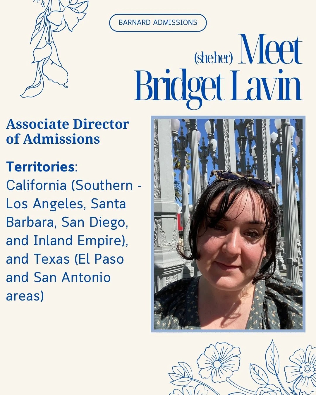 Meet Bridget (she/her) 💙

Bridget works hard to organize events on campus to let students know about how they can find their fit in the Barnard community, though when she&rsquo;s off campus you can usually find her exploring New York or seeing a new