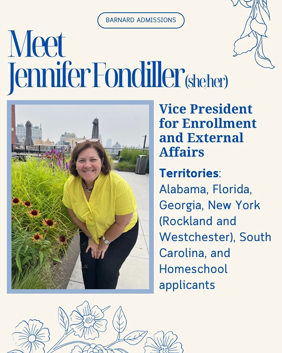Meet Jennifer (she/her) 💙
 
A proud graduate of Barnard&rsquo;s class of 1988, Jennifer is known to be a pillar of leadership on campus and a friendly face to students and faculty alike. When she&rsquo;s not on campus cultivating a strong community,