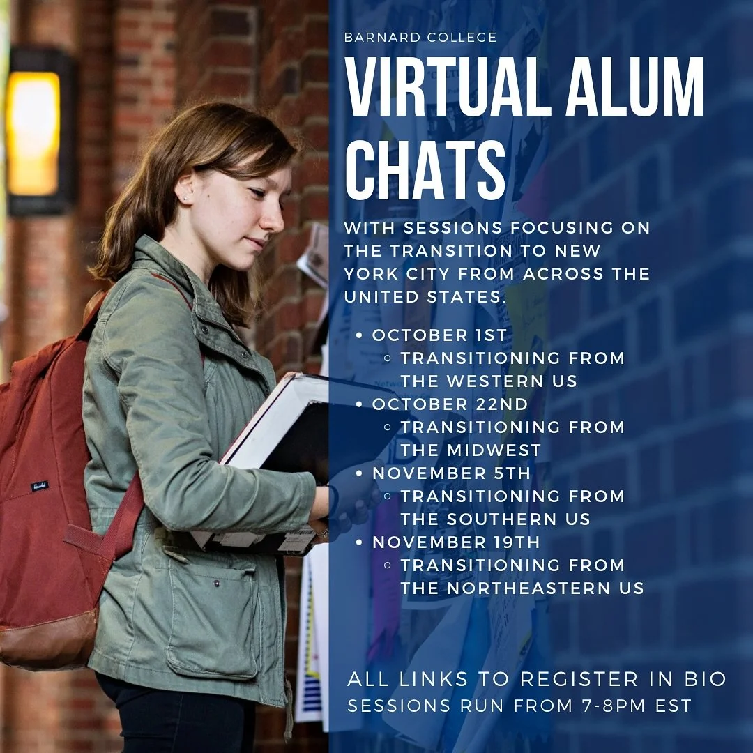 This fall we&rsquo;ll be hosting a series of conversations with Barnard alums about their transition to college from different parts of the United States. Check out the link in our bio and sign up for the session that best aligns with where you&rsquo