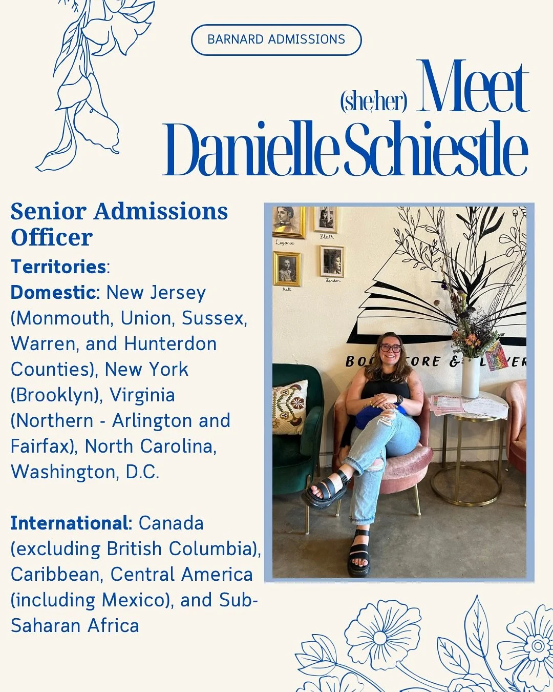 Meet Danielle (she/her) 💙

An avid reader and enjoyer of all things Barnard, Danielle works with everyone from alums to athletes in order to ensure a vibrant community in every corner of Barnard life.